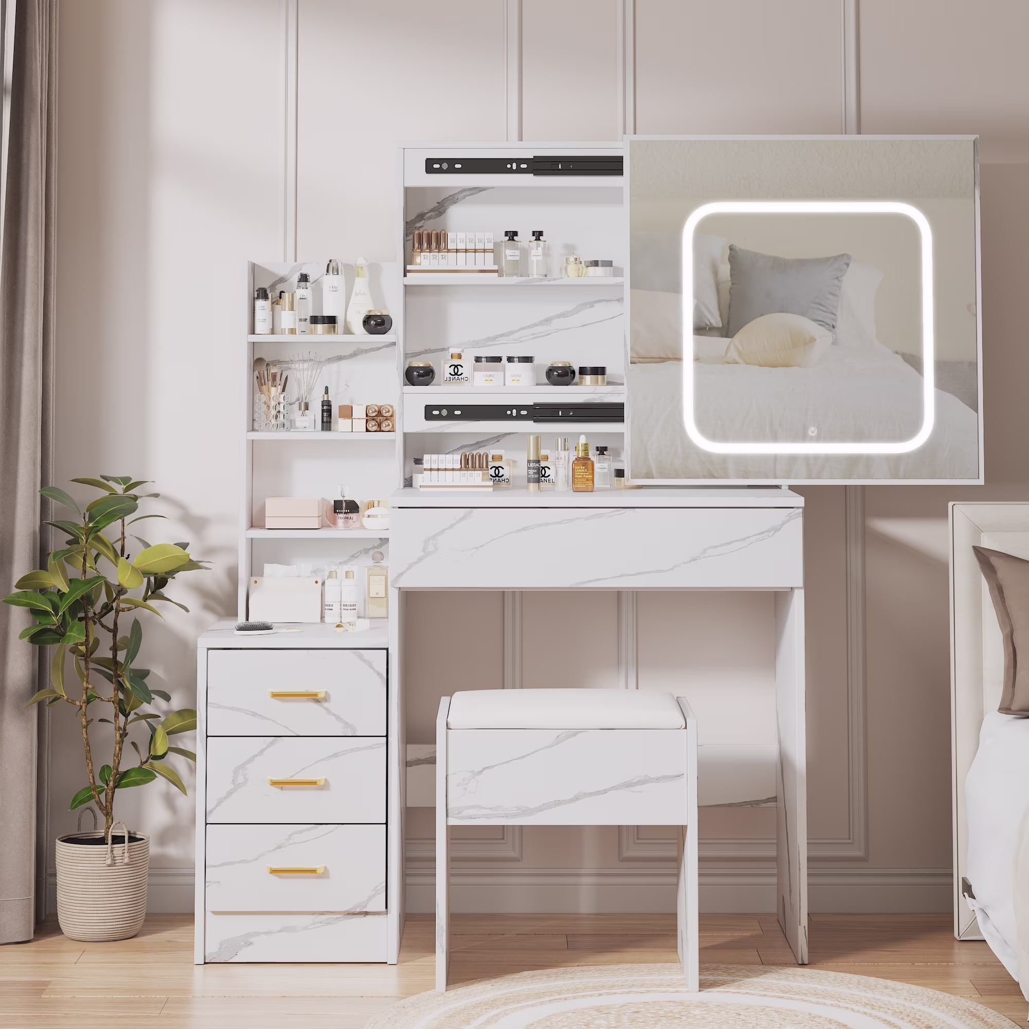Vanity Desk with Sliding Mirror and Lights, Makeup Vanity Set with 4 Drawers, Stool, Power Outlet, Open Shelves, 3 Color Adjustable Lighting Modes, Makeup Dressing Table for Bedroom, White