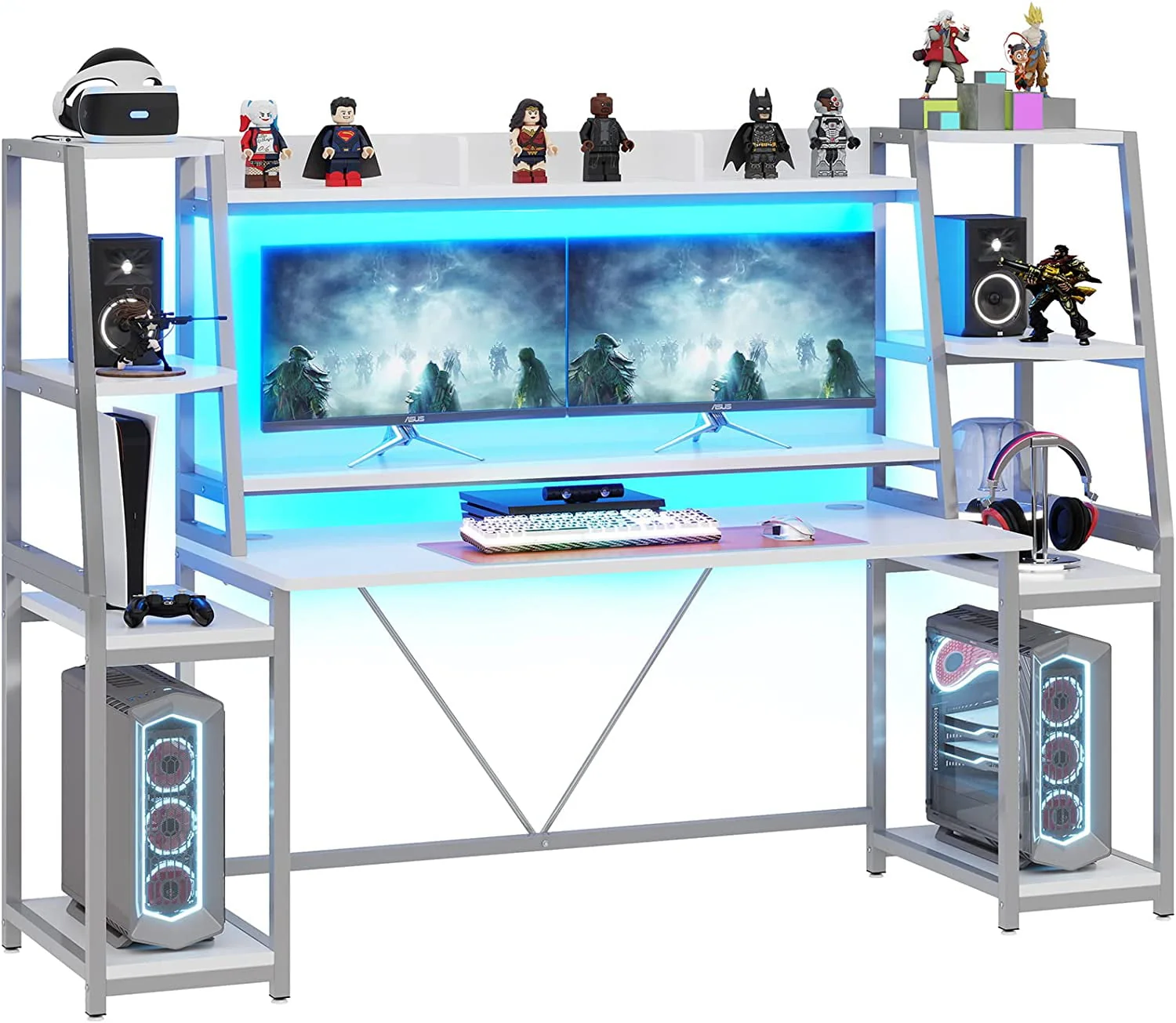 White Gaming Desk with LED Lights 78.8'' Computer Desk with Hutch & Monitor Stand Ergonomic Home Office Desk Table for Bedroom Living Room
