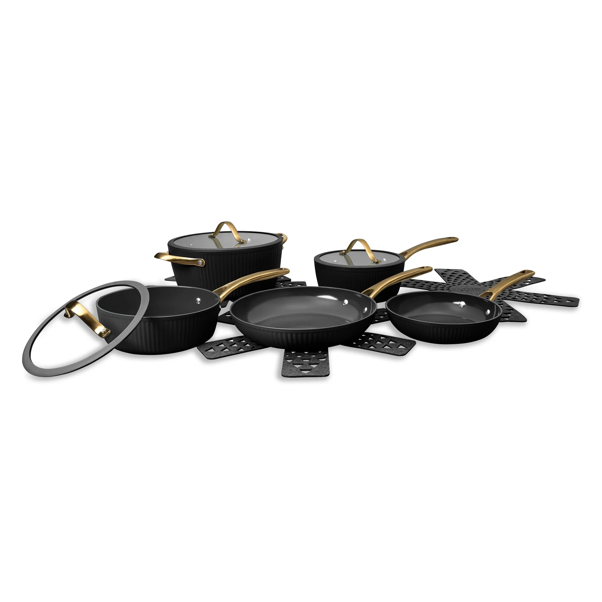 Thyme & Table 12-Piece Nonstick Signature Ribbed Cookware Set, Pots and Pans Set - Black & Gold