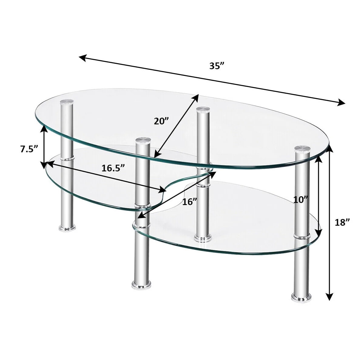 Costway Tempered Glass Oval Side Coffee Table Shelf Chrome Base Living Room Clear