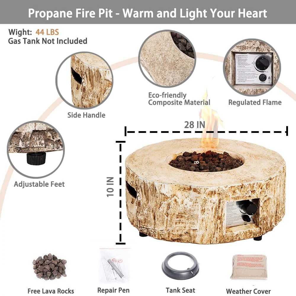 UIXE Gas Fire Pit Bowl Table, Faux Stump Outdoor Propane Firepit Round Table with Lava Rock, Waterproof Cover, Smokeless Fire Pit for Outside Patio Garden Backyard, 28 inch 30,000 BTU, CSA Approved