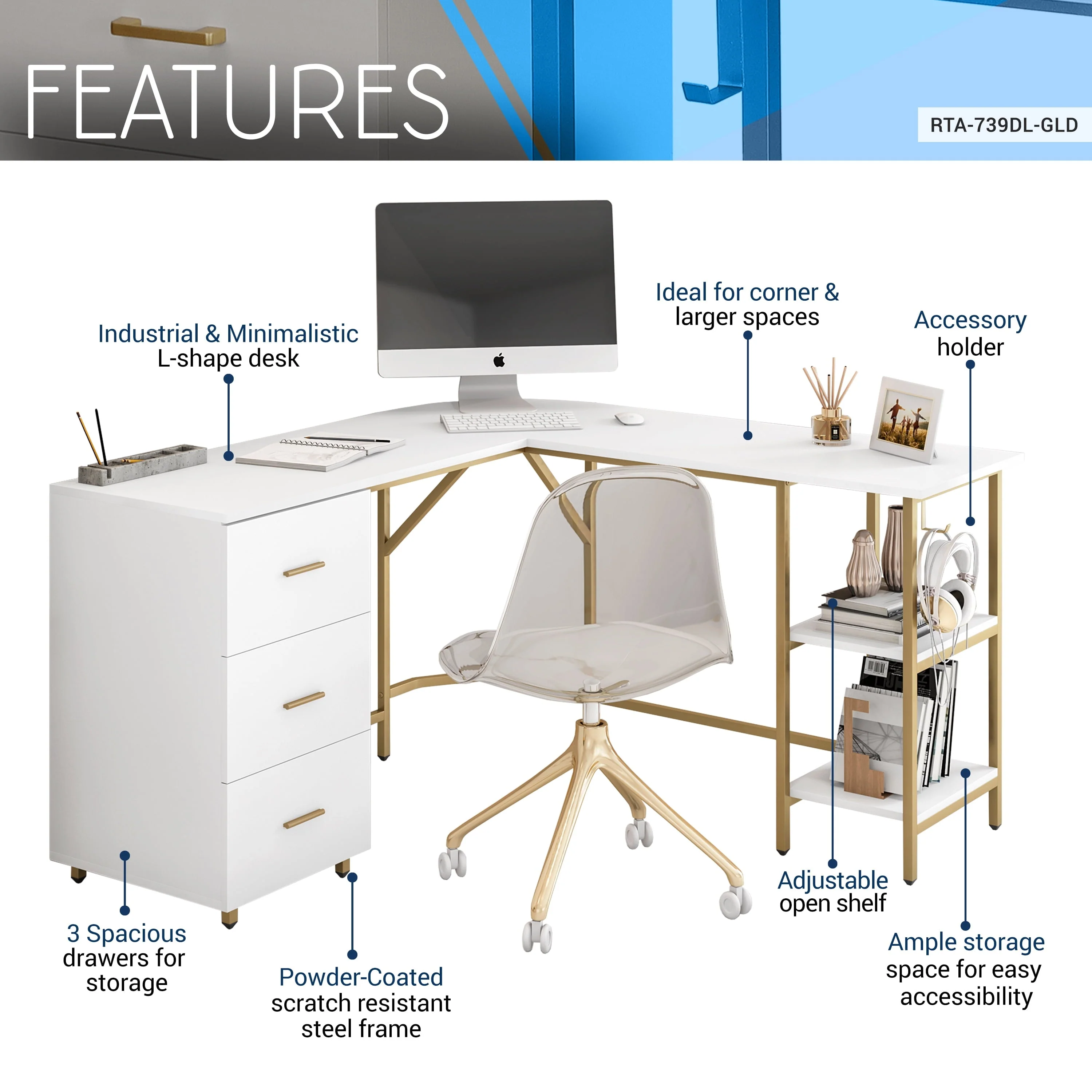 Techni Mobili L-Shape Home Office Desk with Storage, Gold