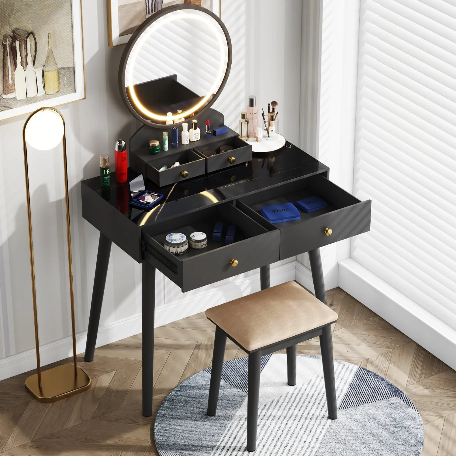 Furmax Vanity Table with Lighted Mirror, Vanity Desk with Stool, Dressing Table with 4 Drawers, Makeup Vanity Set, Black Finish, for Bedroom