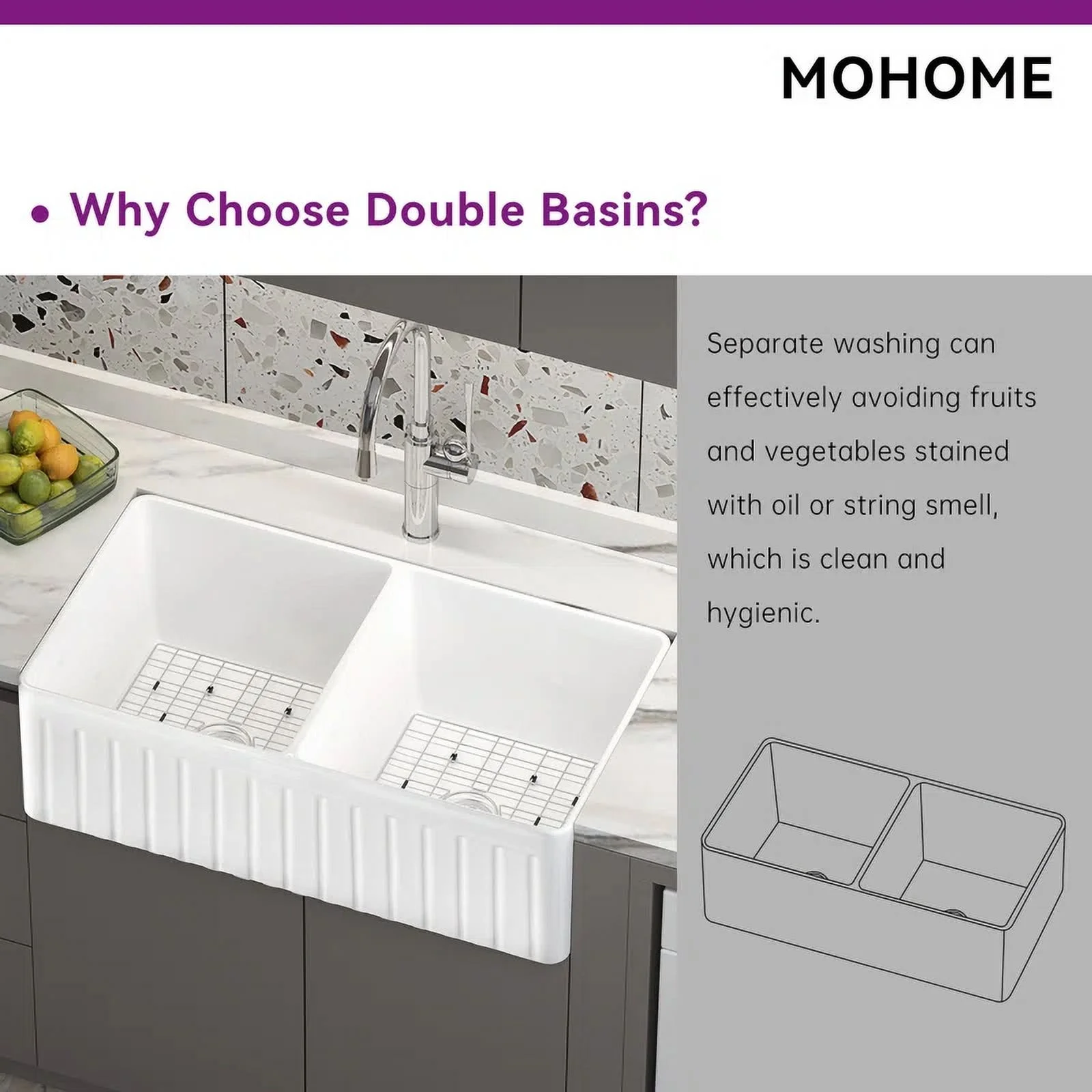 HOROW 33x18 inch Fireclay Kitchen Sink Undermount Double Bowl Apron-front Ceramic with Bottom Grid and Strainer