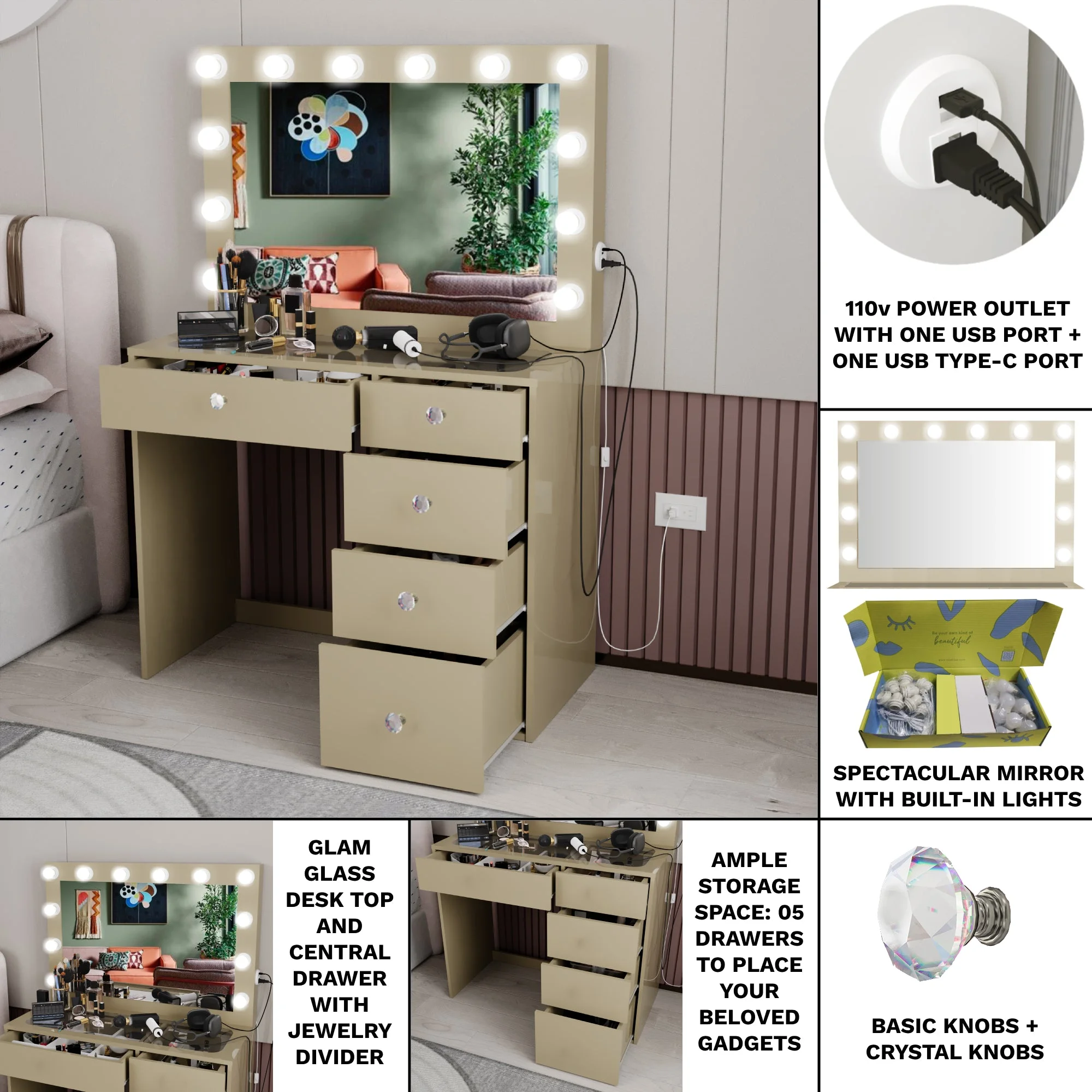 Boahaus Alana White Vanity Desk with LED Lighted Mirror, 5 Drawers, Jewelry Divider, Bluetooth Speakers, and Charging Station