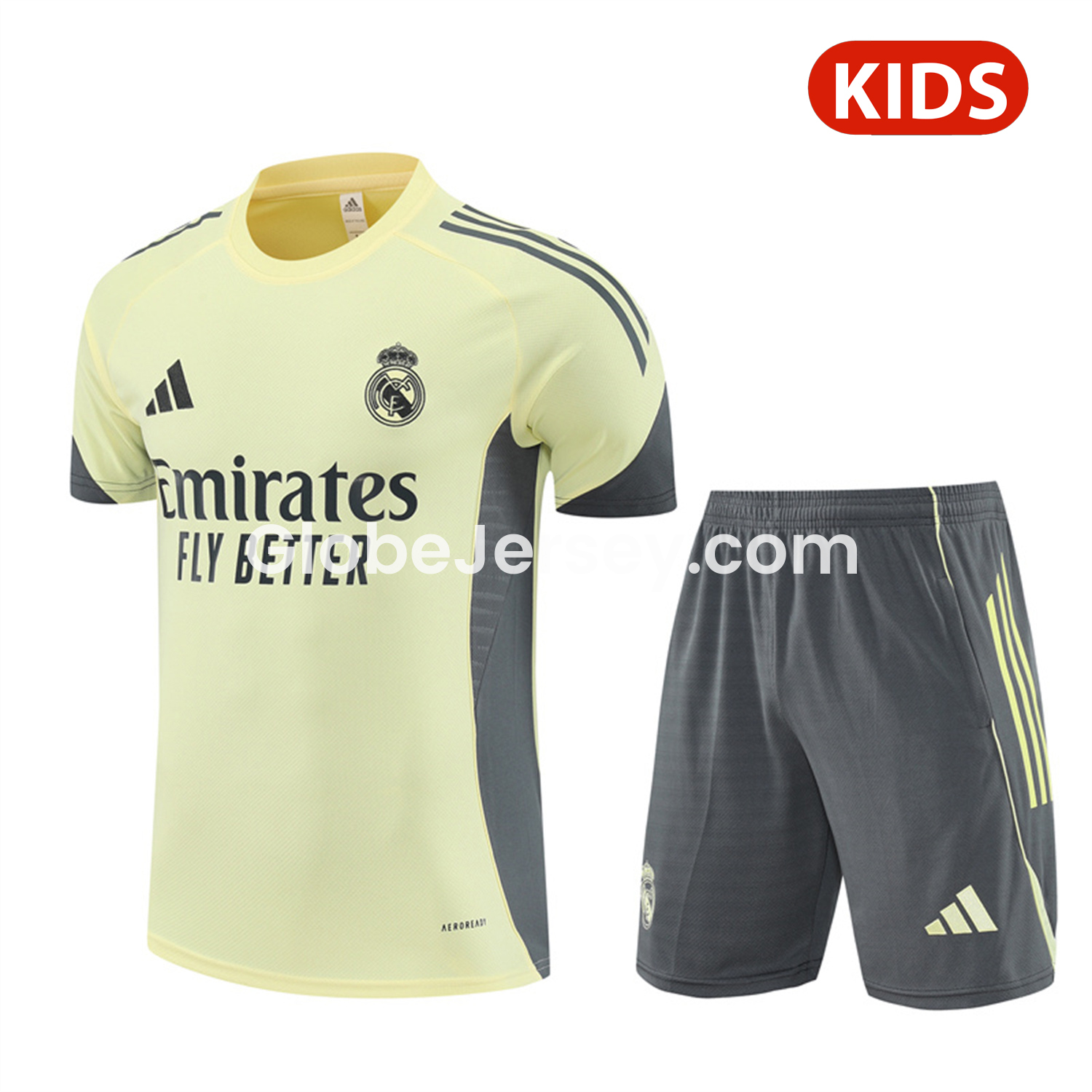 Real Madrid 25-26 Kids Short-Sleeve Training Set - Yellow Top and Grey Shorts