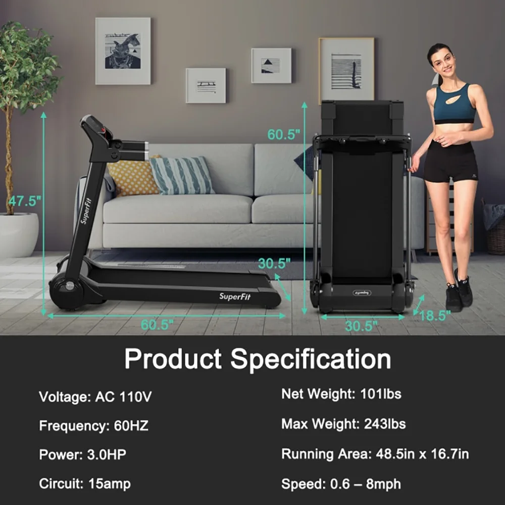 Topcobe 3HP Electric Folding Treadmill with Bluetooth Speaker, Under Desk Walking Pad Treadmill, Walking Pad with Handle Bar, Silver