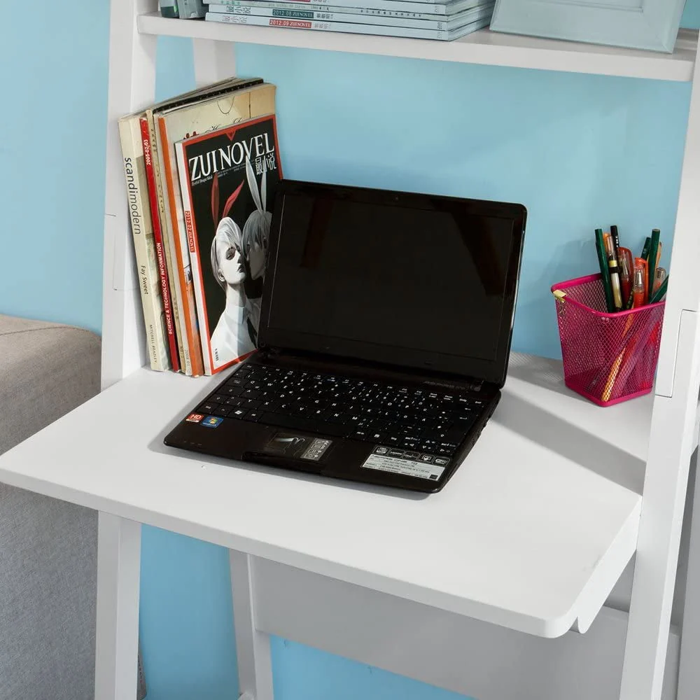 Haotian FRG60-W, White Ladder Shelf Desk, Bookcase, Book Shelf, Leaning Desk With Shelves, Wall Shelf