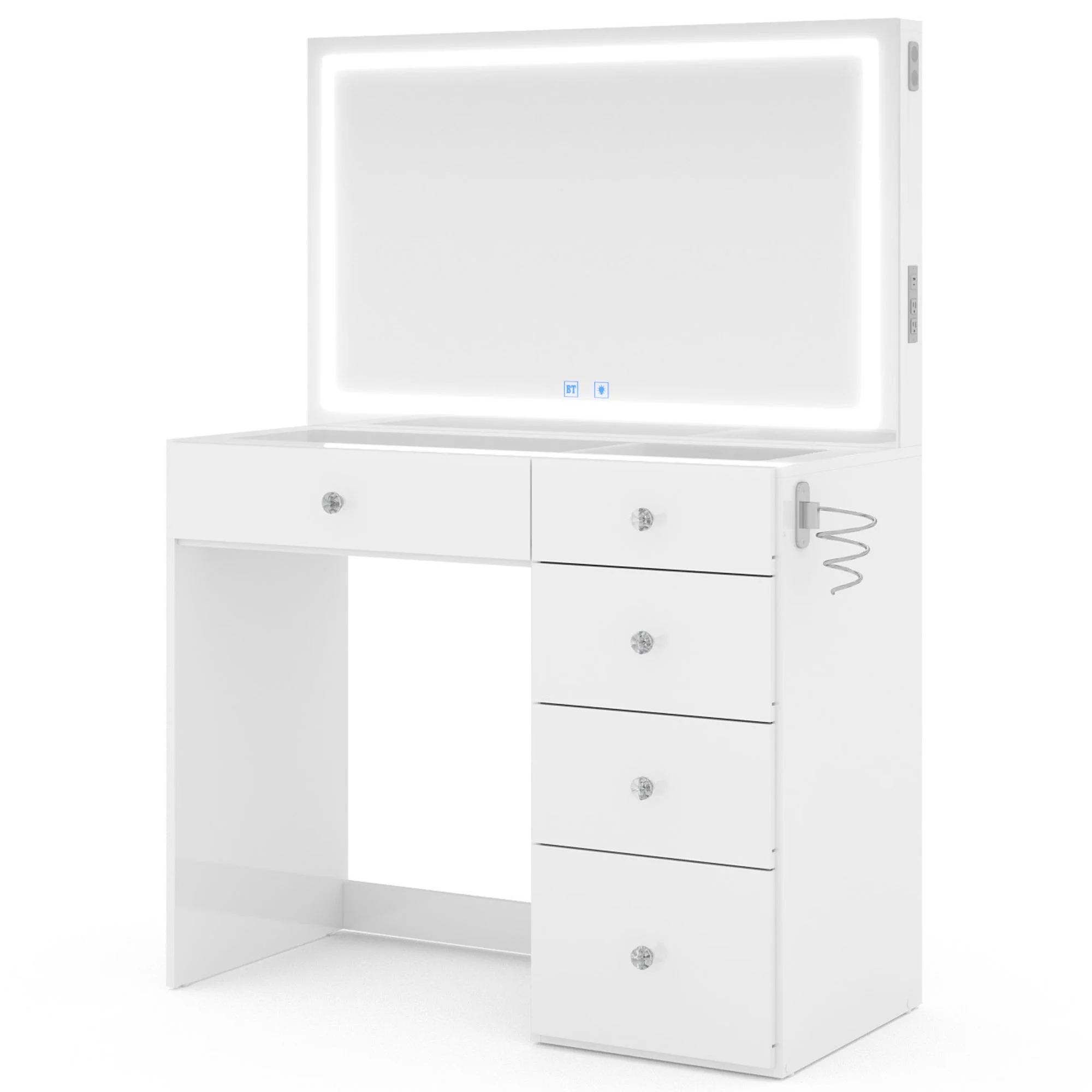 Boahaus Alana White Vanity Desk with LED Lighted Mirror, 5 Drawers, Jewelry Divider, Bluetooth Speakers, and Charging Station