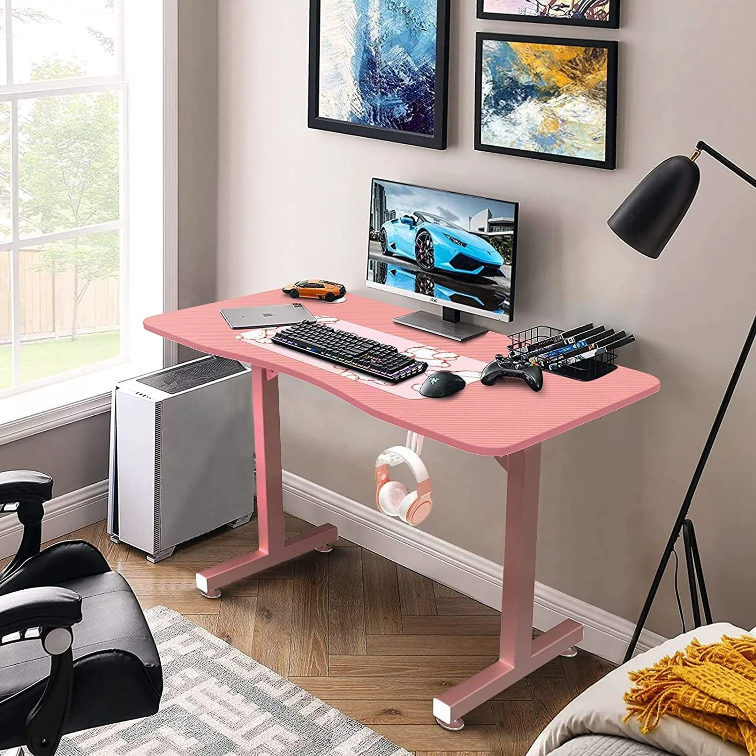 Vitesse Pink Gaming Desk 40 Inch Computer Desk Cute Gaming Table T-Shaped Girl Gamer Desk Gaming Workstation Home Office Desk with Carbon Fiber Surface and Headphone Hook (Pink)