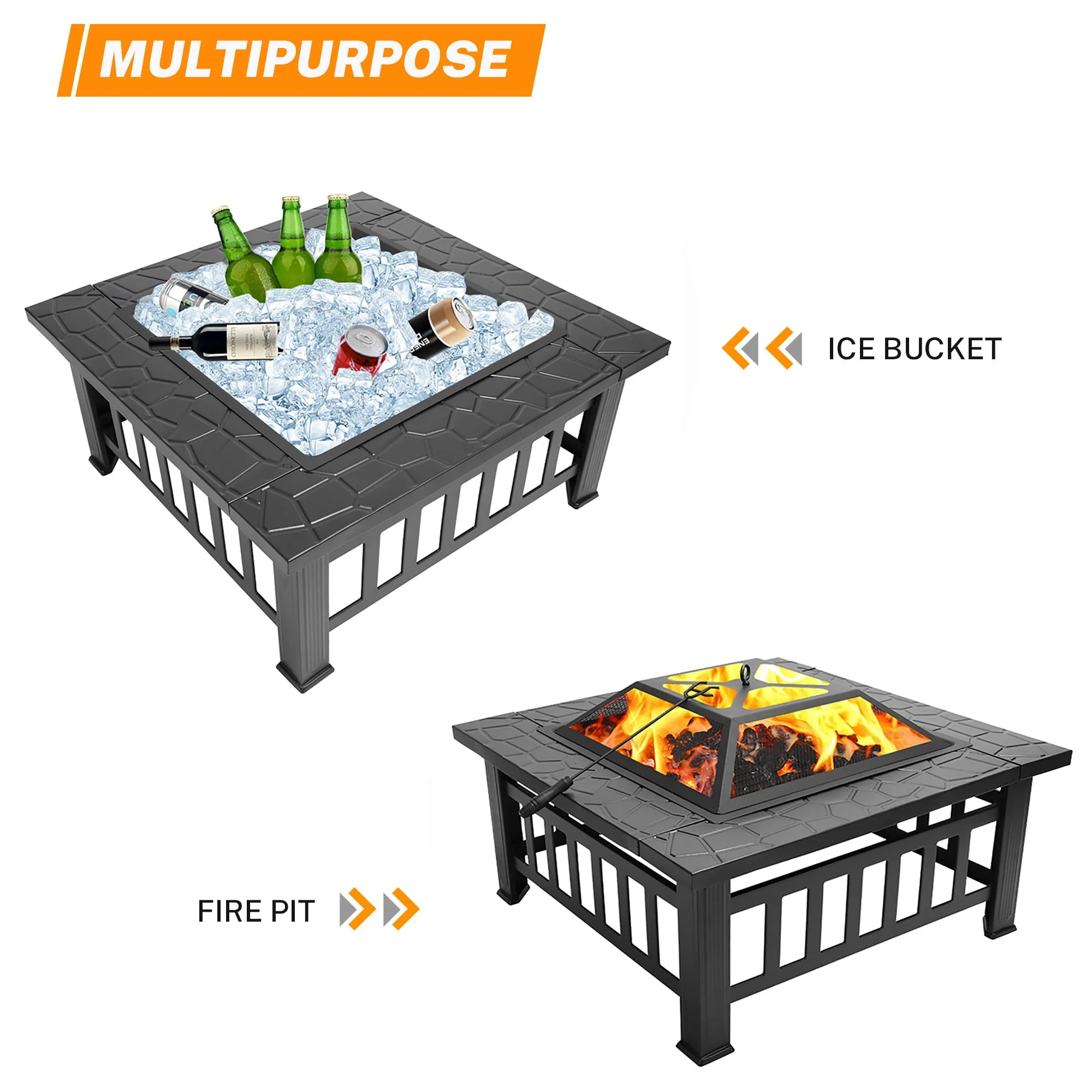 Metal Fire Pit for Outside, 32'' Stone Finish Fire Pit Table, Wood Burning Outdoor Firepit with Fire Bowl, Mesh Screen Lid, Poker