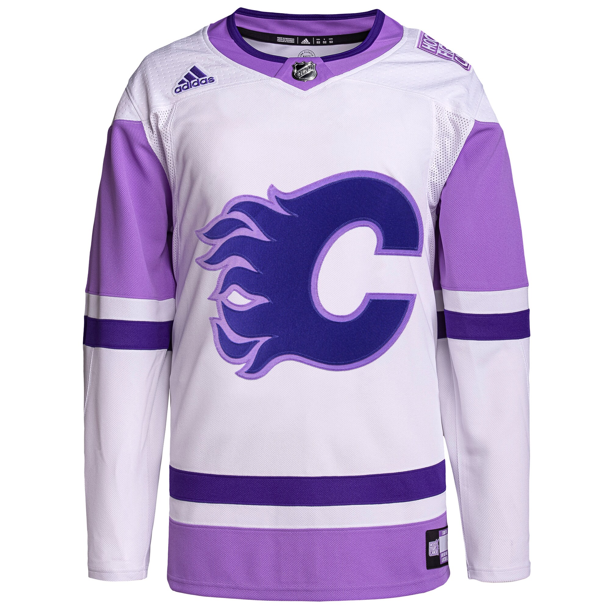 Calgary Flames  Hockey Fights Cancer Primegreen  Blank Practice Jersey – White/Purple