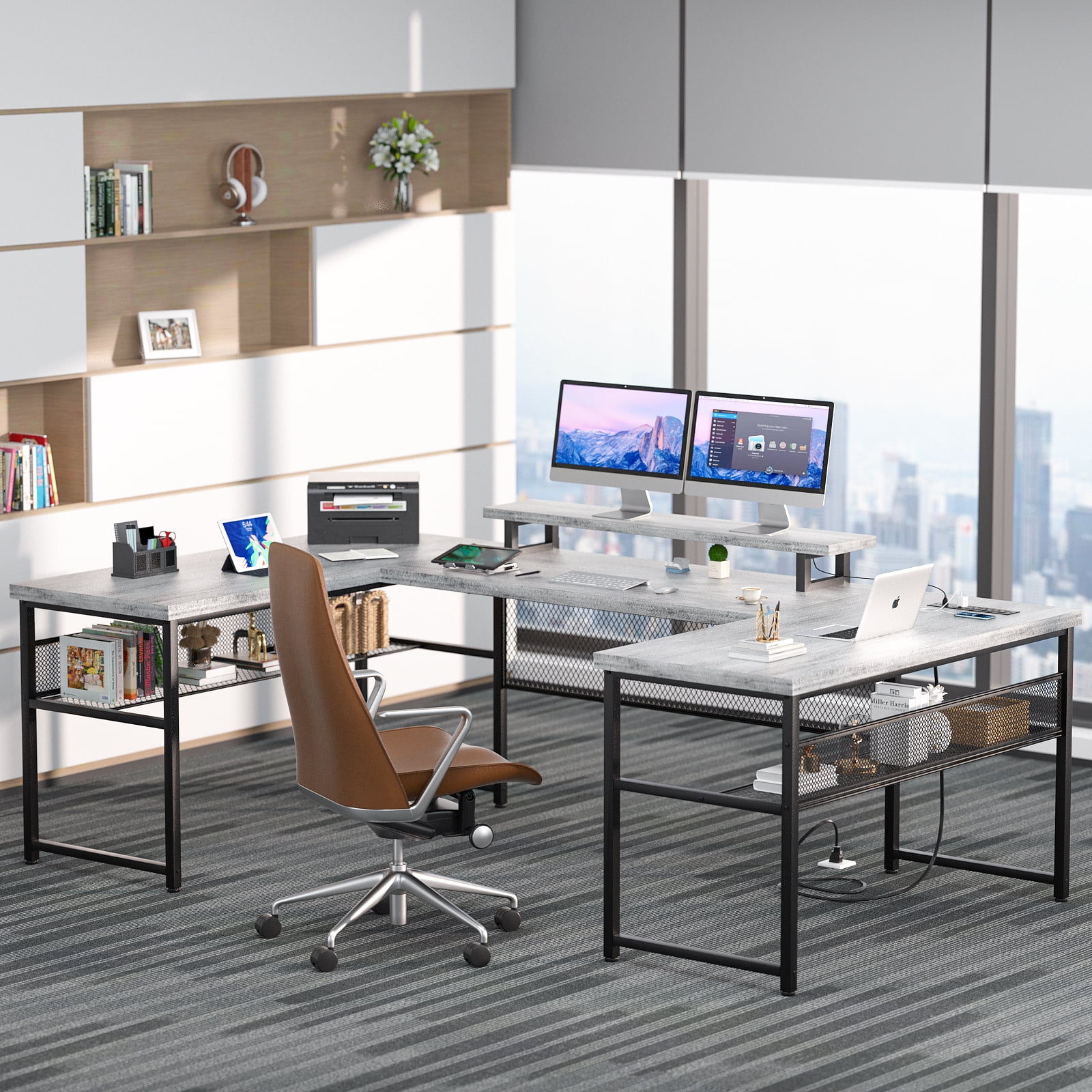 Homieasy U Shaped Desk with Power Outlet and LED Strips, 129.9'' Ergonomic L-Shaped Gaming Desk with Monitor Stand, Reversible Corner Computer Desk with Storage Shelf for Home Office, White Oak