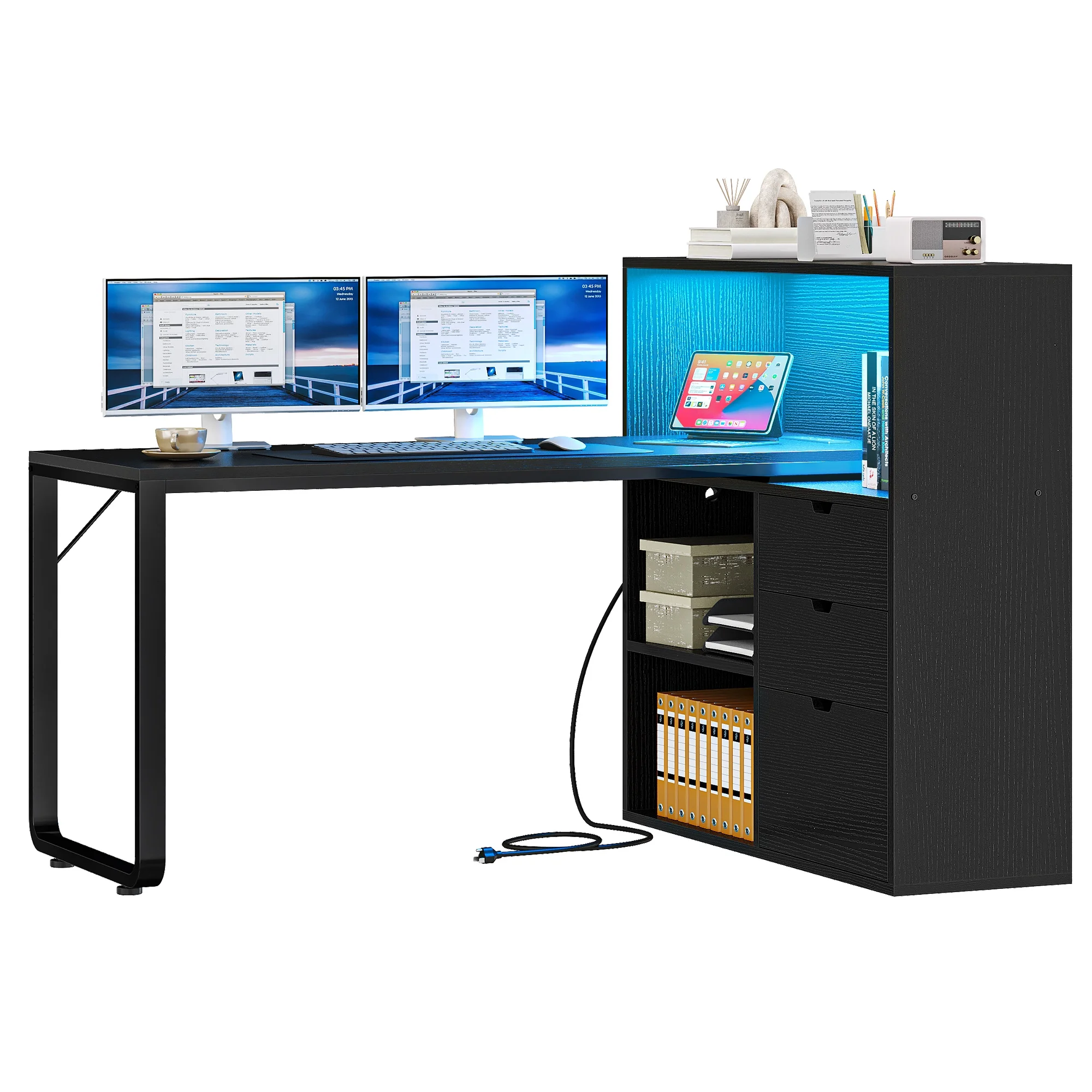 Dextrus L Shaped Desk with Power Outlets & LED Lights, Computer Desk with 3 Drawers and 3 Storage Shelves, White Office Desk Corner Desk for Home Office