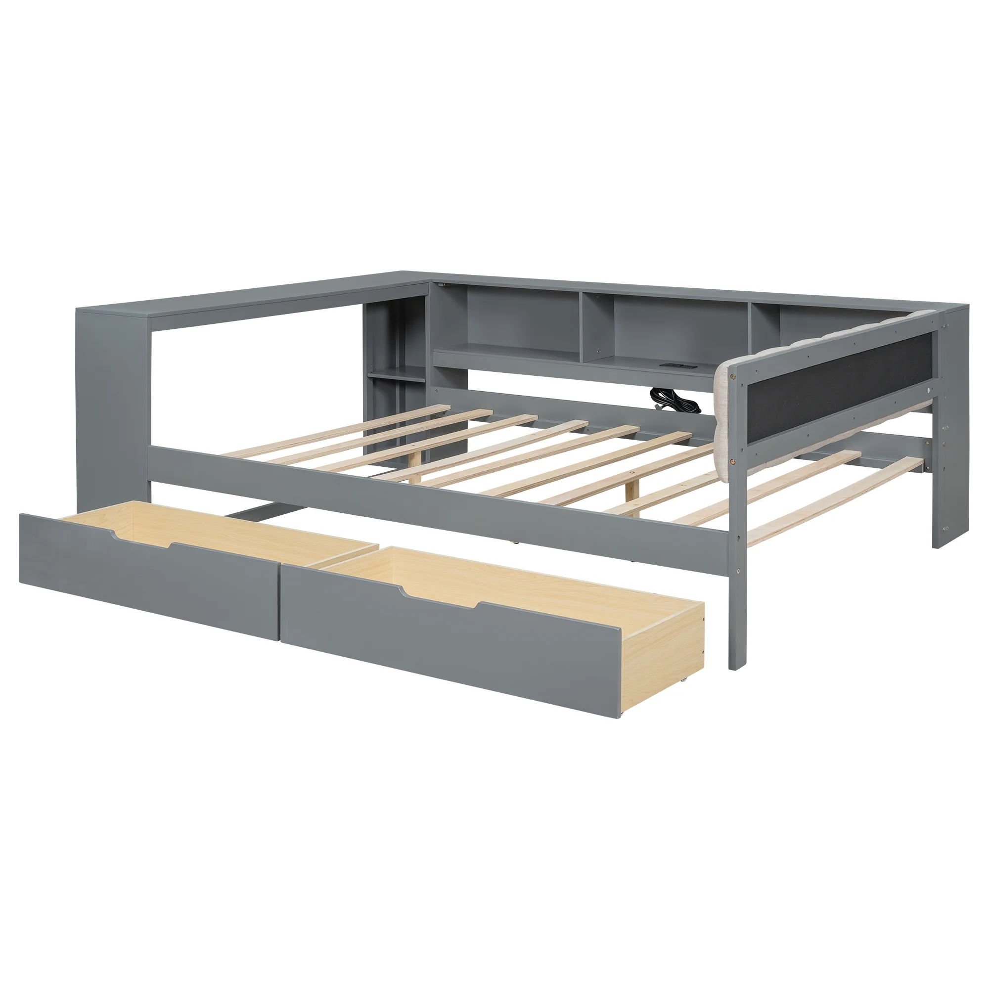 Euroco Wood Twin Size Platform Bed with Desk and Shelves, Drawers and USB Charging for Kids, Cream