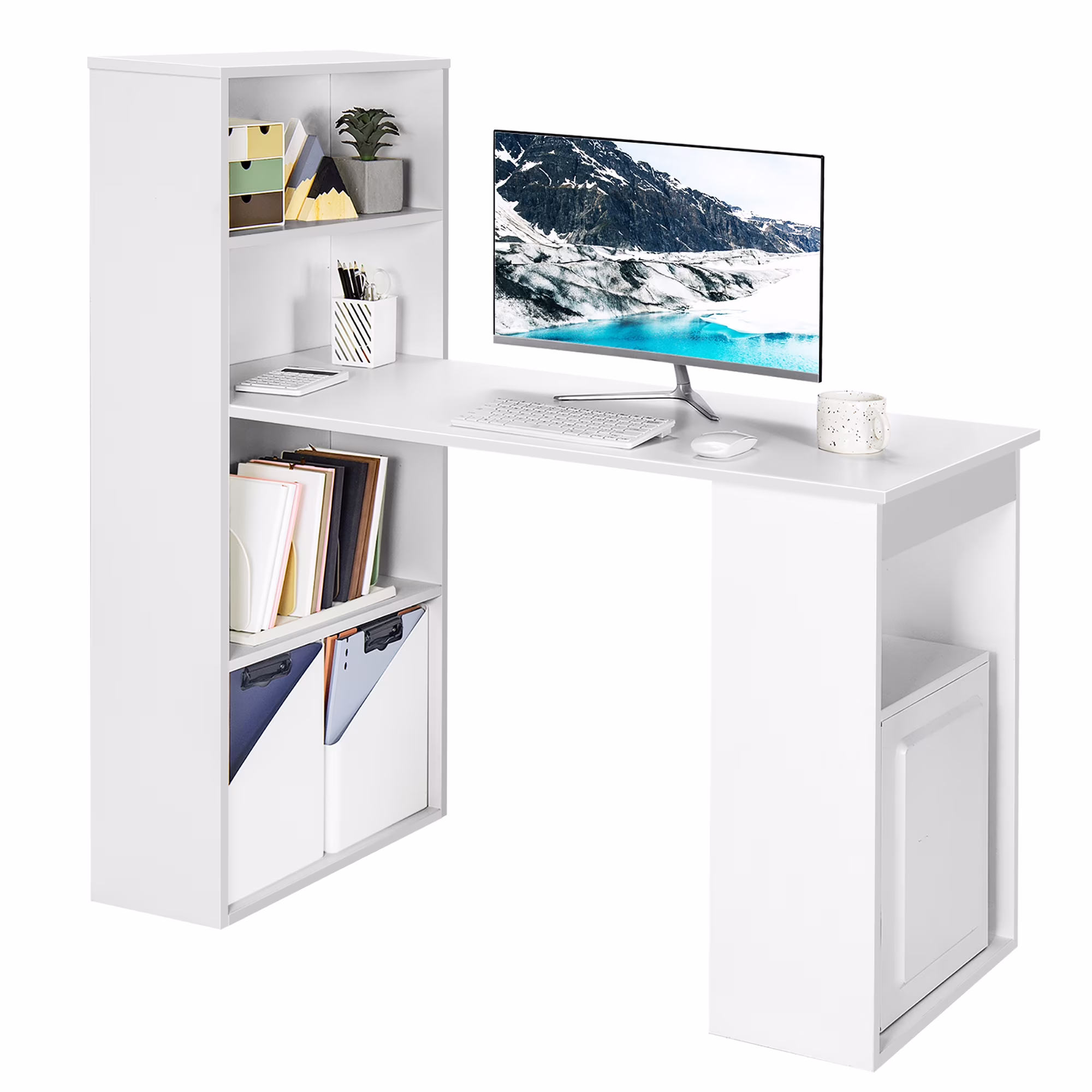 Costway Computer Desk Writing  Workstation Office 6-Tier Storage Shelves Natural