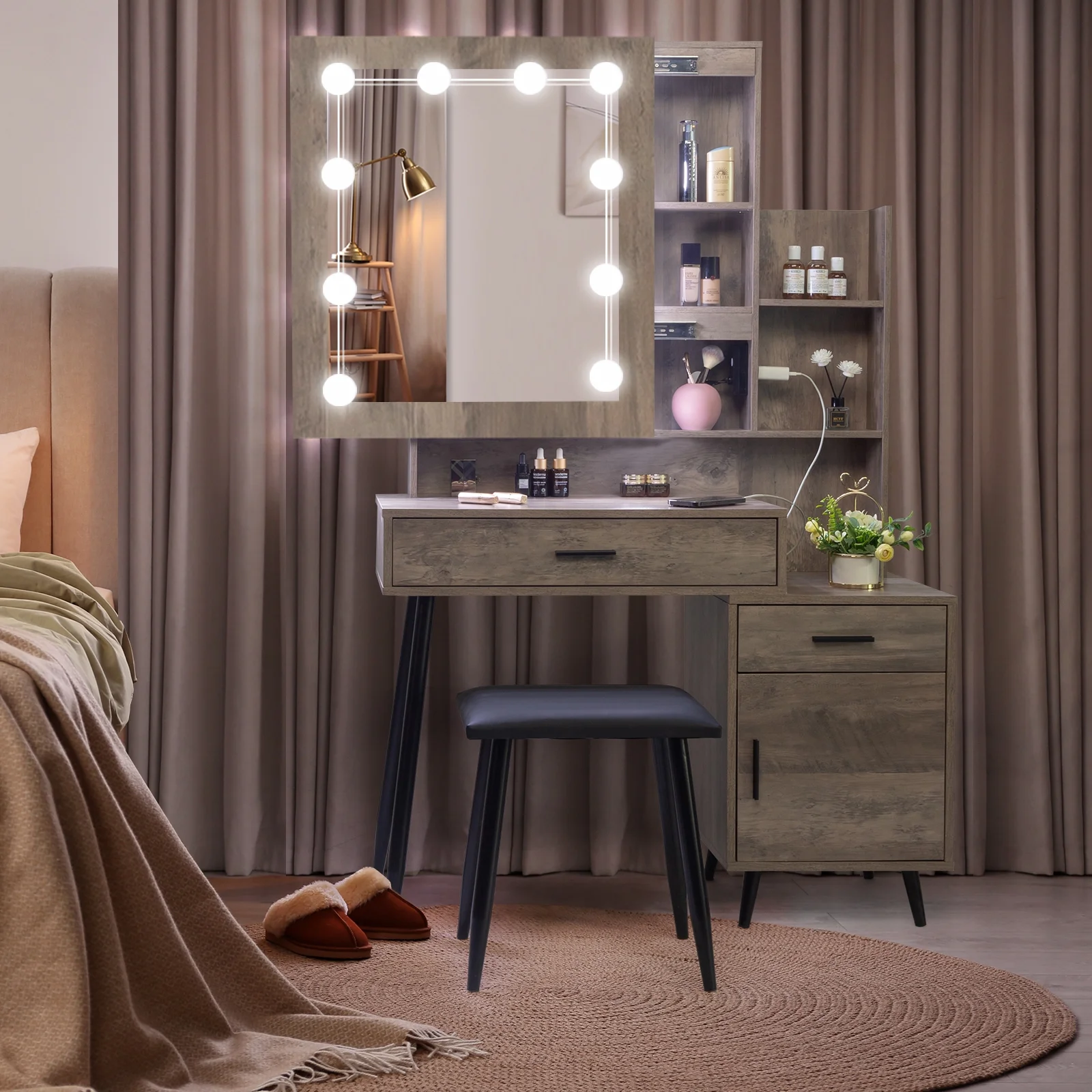 Ktaxon Vanity Set with 3 Color Lighted Mirror & Charging Station, Makeup Table with 3 Storage Shelves & Drawers, Dressing Table Makeup Desk with Stool,Retro Gray