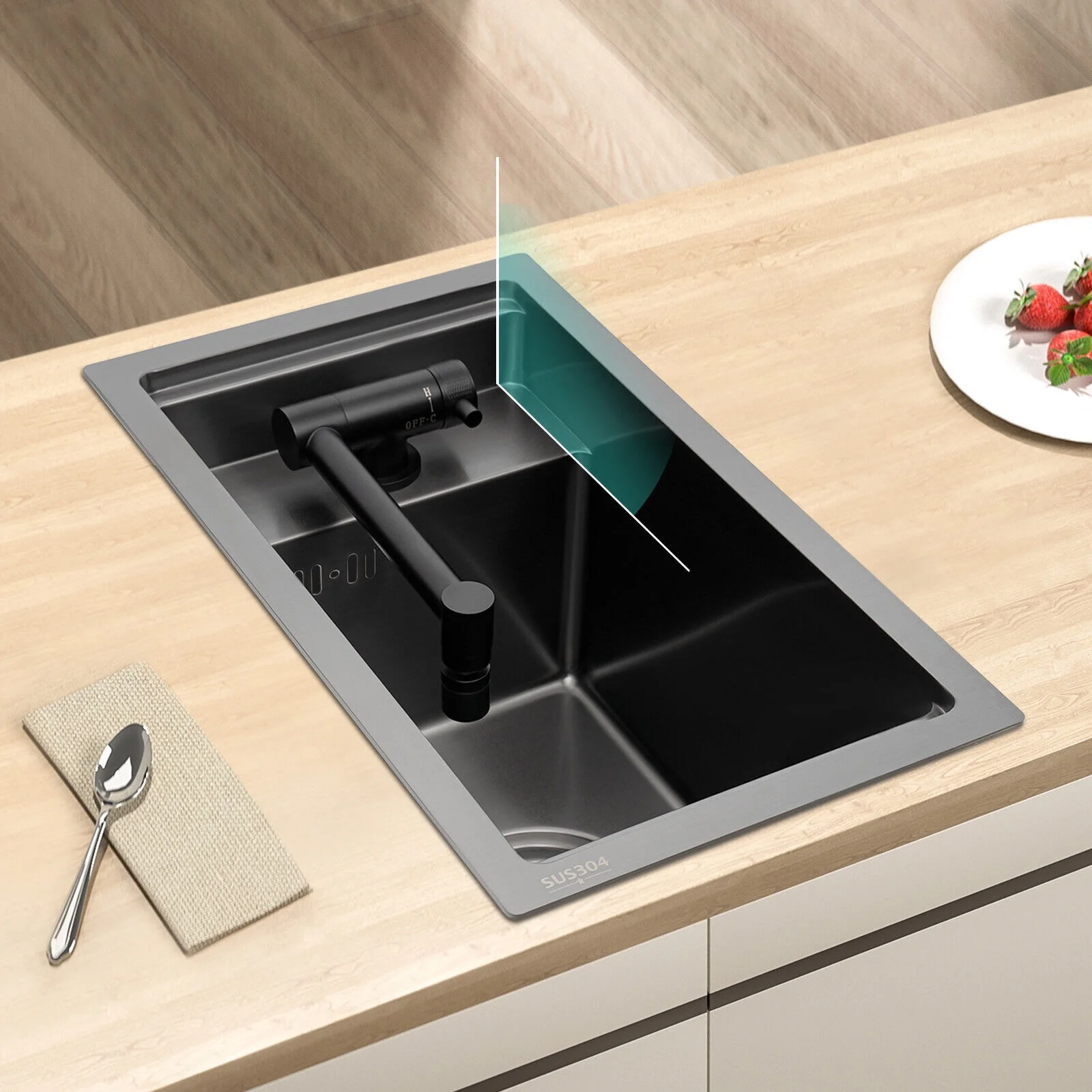 Luxury 304 Stainless Steel Single Bowl Kitchen Bar Sink with Foldable Faucet 16.9*9.8*8.7in