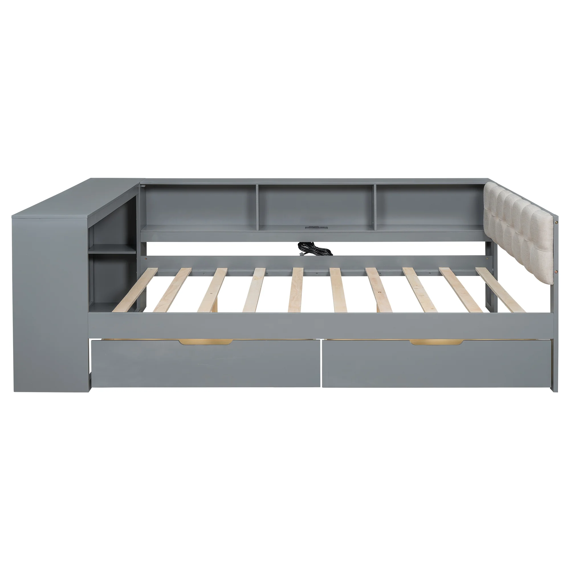 Euroco Wood Twin Size Platform Bed with Desk and Shelves, Drawers and USB Charging for Kids, Cream