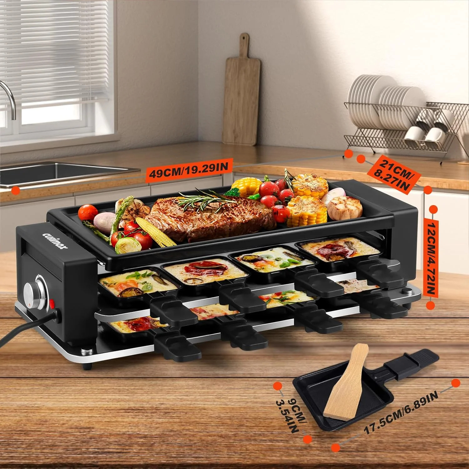 Raclette Grill Korean BBQ Grill - Portable Electric Table Grill with Non-stick Plate, 8 Cheese Trays, Adjustable Temperature Control for Indoor & Outdoor Use