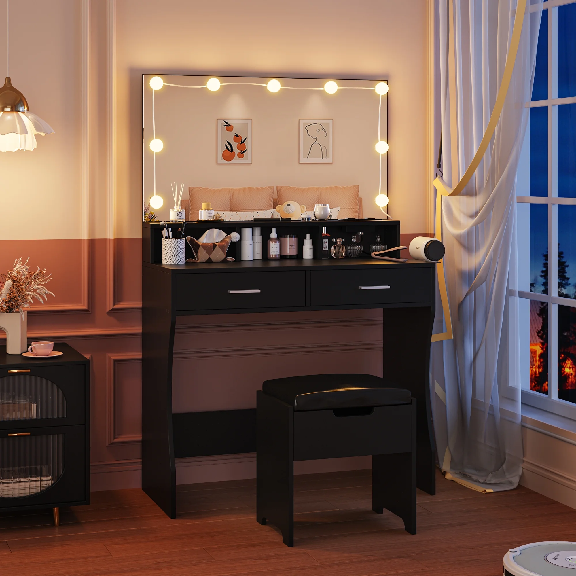 Modern Vanity Table Set with Lighted Mirror,Makeup Table with 2 Drawers & Power Strip,Dresser Desk for Girls, Women, White