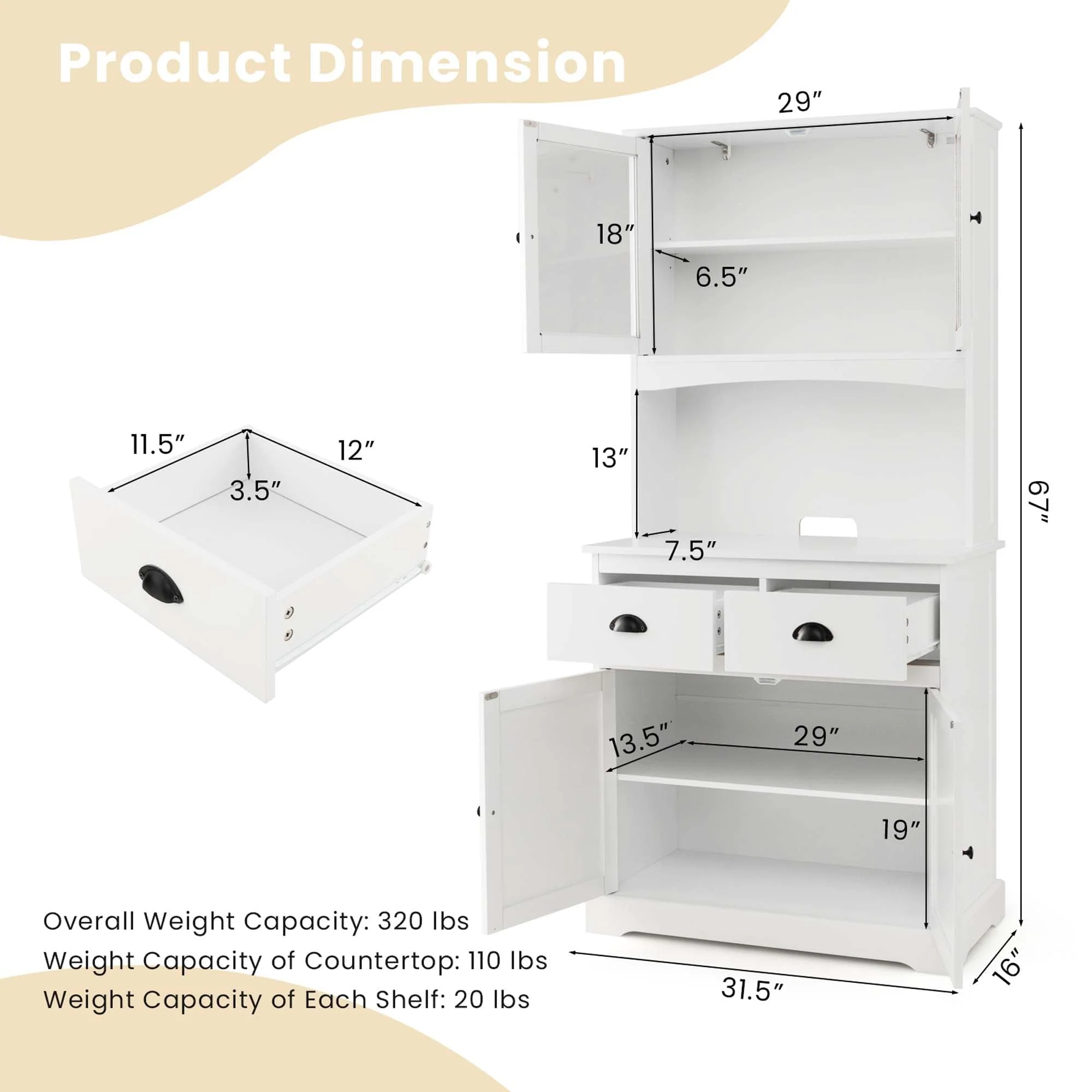 Costway 67'' Storage Cabinet Closet Kitchen Pantry Cupboard with Adjustable Shelves White