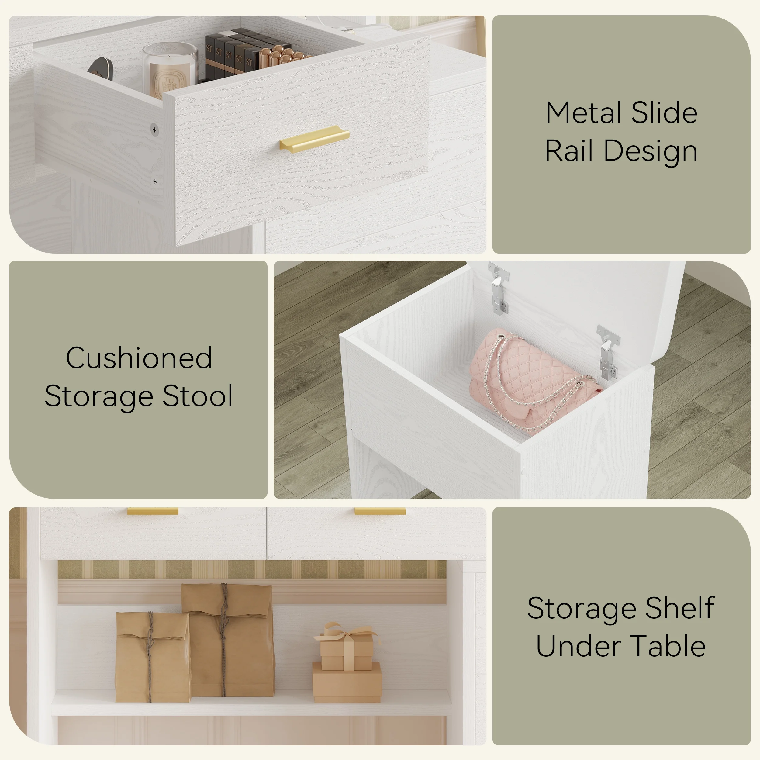 IRONCK Makeup Table Vanity Desk Set with Lighted Mirror, Charging Station, Storage Cabinet and 5 Drawers