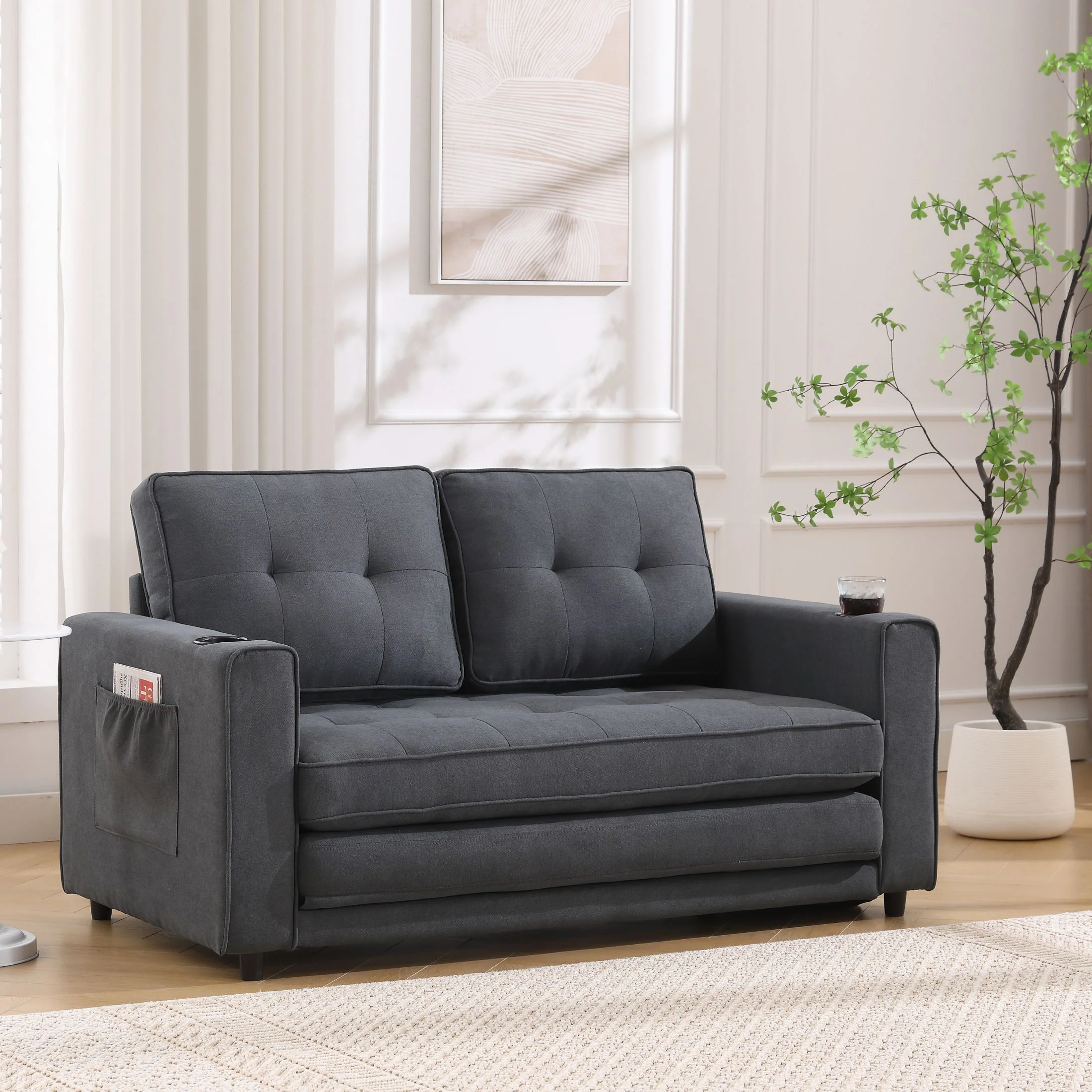 UHOMEPRO Convertible Futon Sofa Bed, Pull Out Loveseat Sleeper Sofa with Side Pockets and Cup Holders, Comfy 3-in-1 Foldable Sofa Couch, Upholstered Floor Couch for Living Room Apartment, Dark Gray