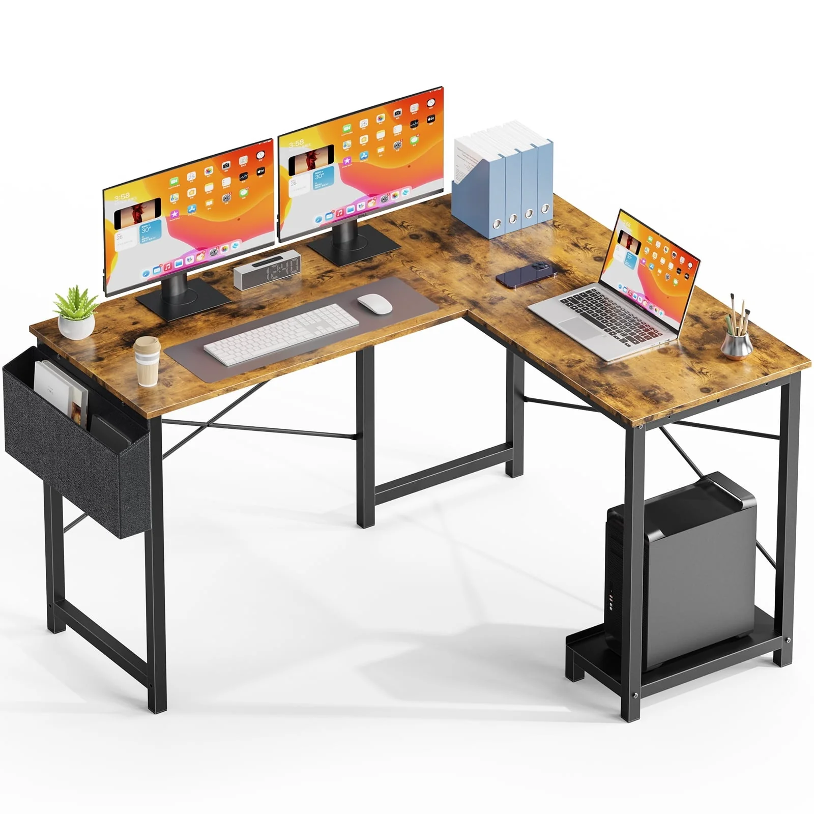 Modern L-Shaped Desk with Reversible Storage Shelf for Home and Office Use - 49 Inch Computer Desk for Gaming, Study, and Workstation, Black