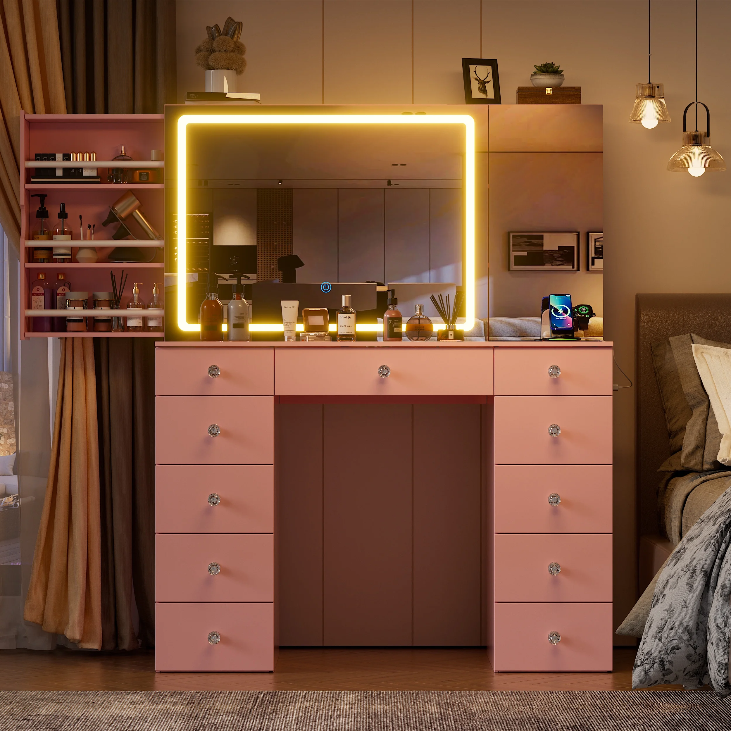 PAKASEPT Makeup Vanity Desk with Mirror and Lights, Vanity Desk with Charging Station, Drawers, Movable Shelves for Makeup, Modern Vanity Table Set with Vanity Stool for Bedroom, White