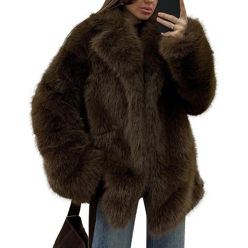 Women Faux Fur Coat Lapel Warm Open Front Winter Outerwear