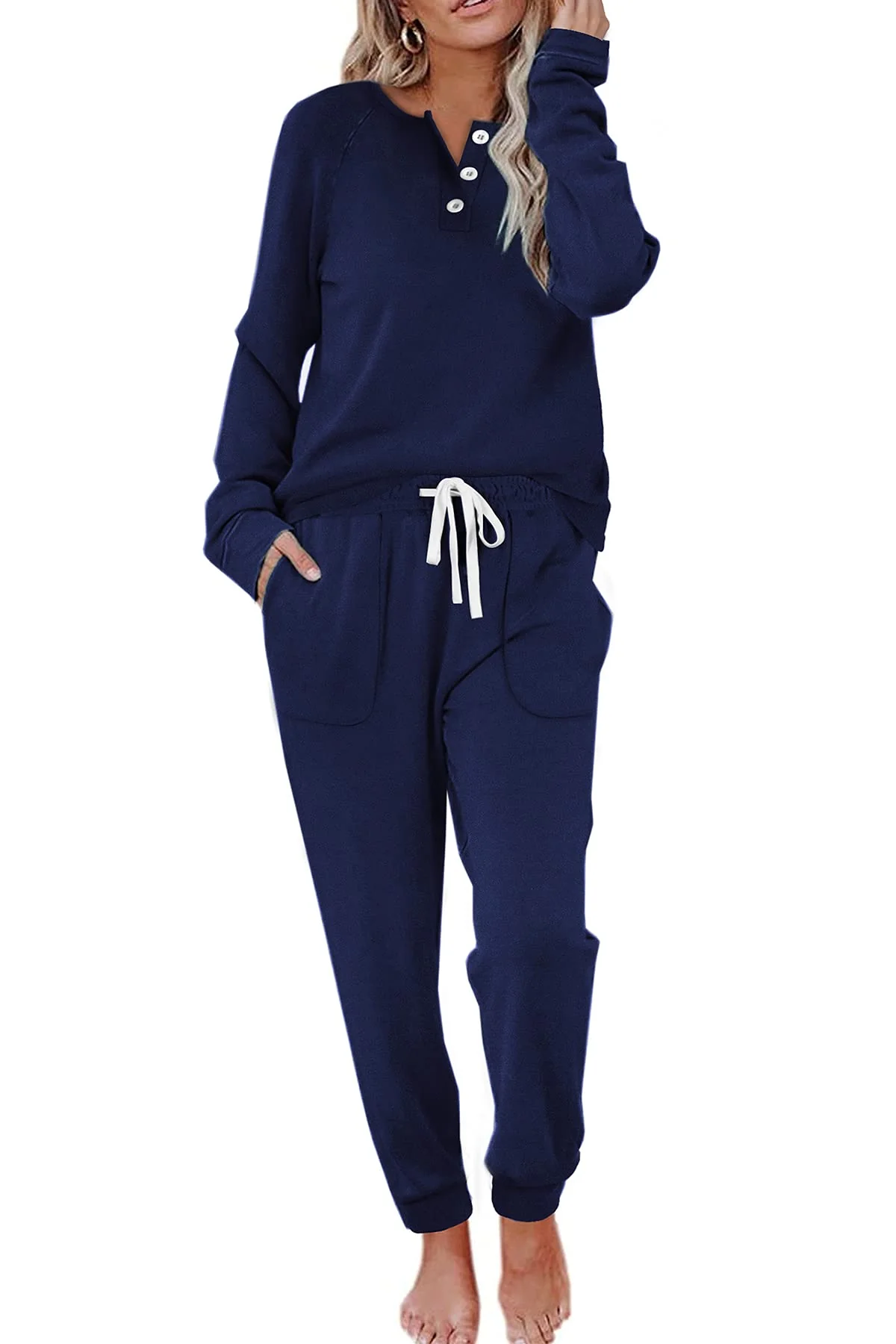 WIHOLL 2 Piece Outfits for Women Fall, Lounge Sets for Women Joggers Sweatpants Navy Blue L