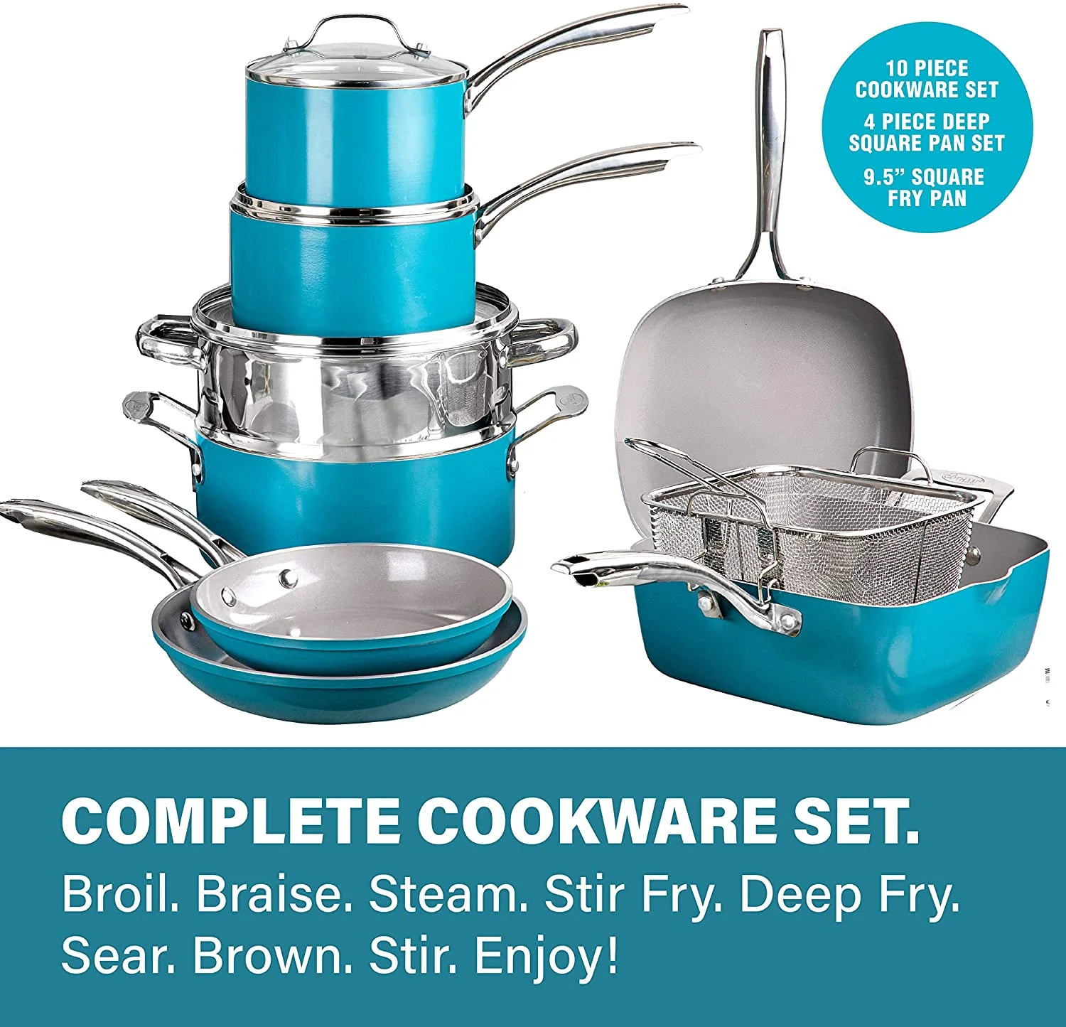 Gotham Steel Nonstick Pots and Pans 20 Piece Kitchen Ceramic Cookware Set Bakeware Cooking Frying Skillet Sauce Pan Aqua Blue