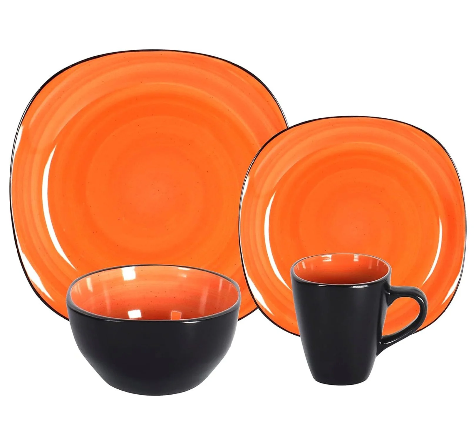Stoneware Square 16pc Dinnerware Set, Inside Spinwash Swirl Orange + Outside Black