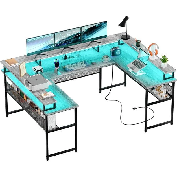 Homieasy U Shaped Desk with Power Outlet, 83 inch Reversible L-Shaped Gaming Desk with Monitor Stand and LED Strips, 2 Person Corner computer Desk with Storage Shelf for Home Office, Black