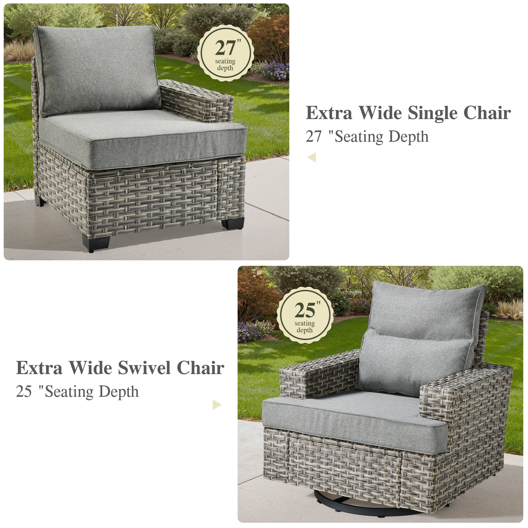 Ovios 10 Pieces Outdoor Patio Furniture Modern High-Back All-Weather Wicker Sectional Conversation Set with Propane Fire Pit Table & Swivel Chair, Dark Gray