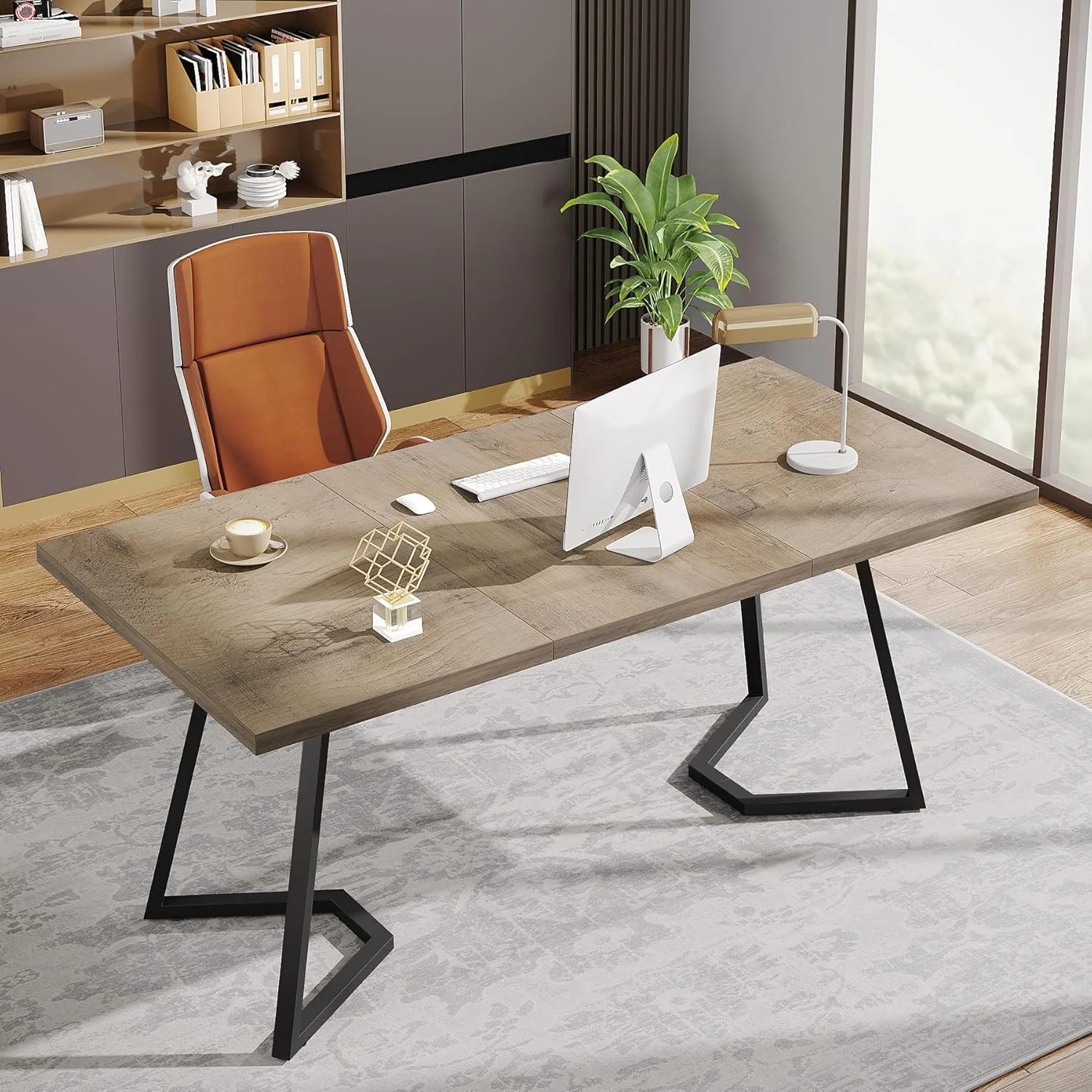 Finmind Modern Home Office Desk, Adult Study Writing Table with Metal Legs, White & Gold, 55.11
