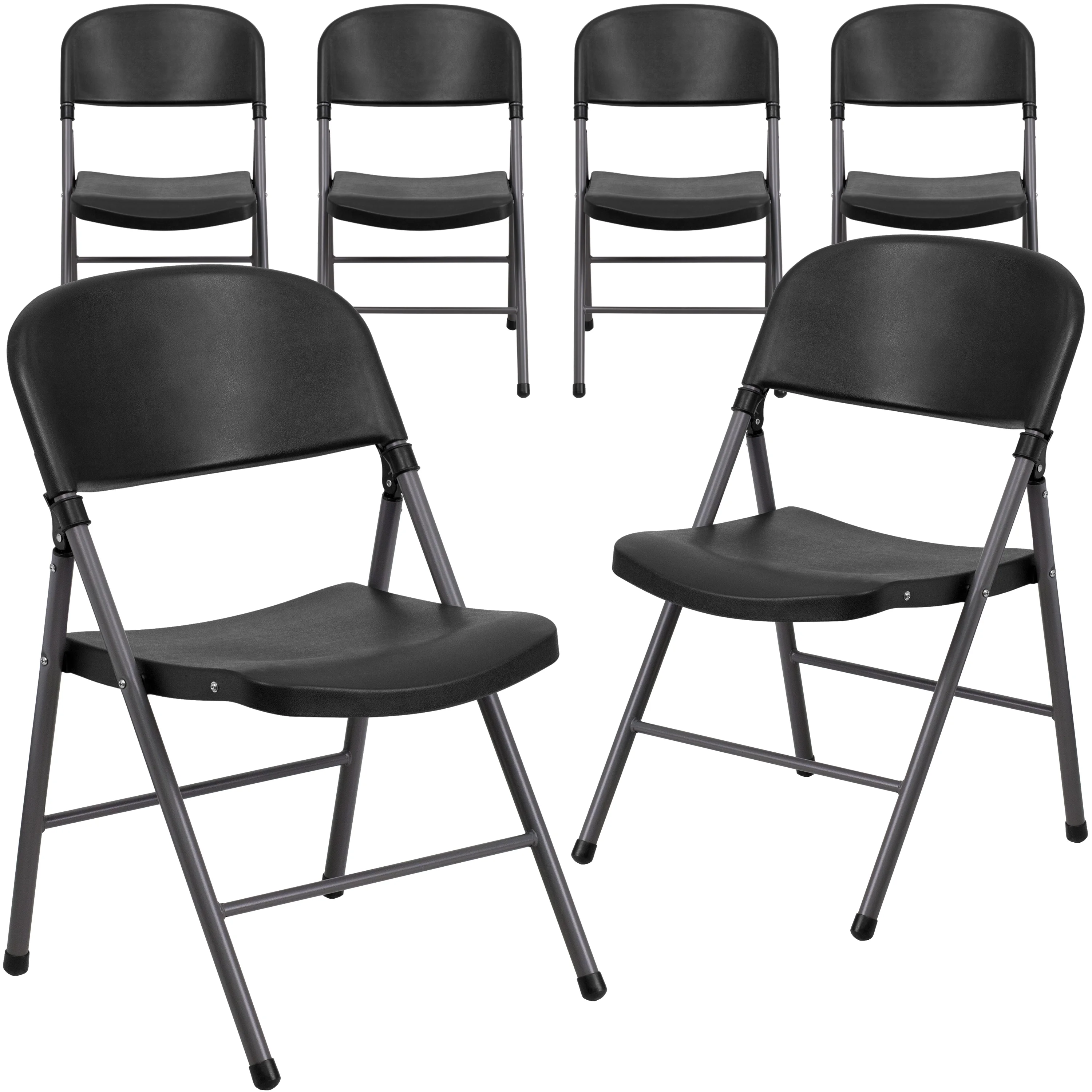 Emma + Oliver 6 Pack 330 lb. Capacity Black Plastic Folding Chair - Charcoal Frame - Event Chair