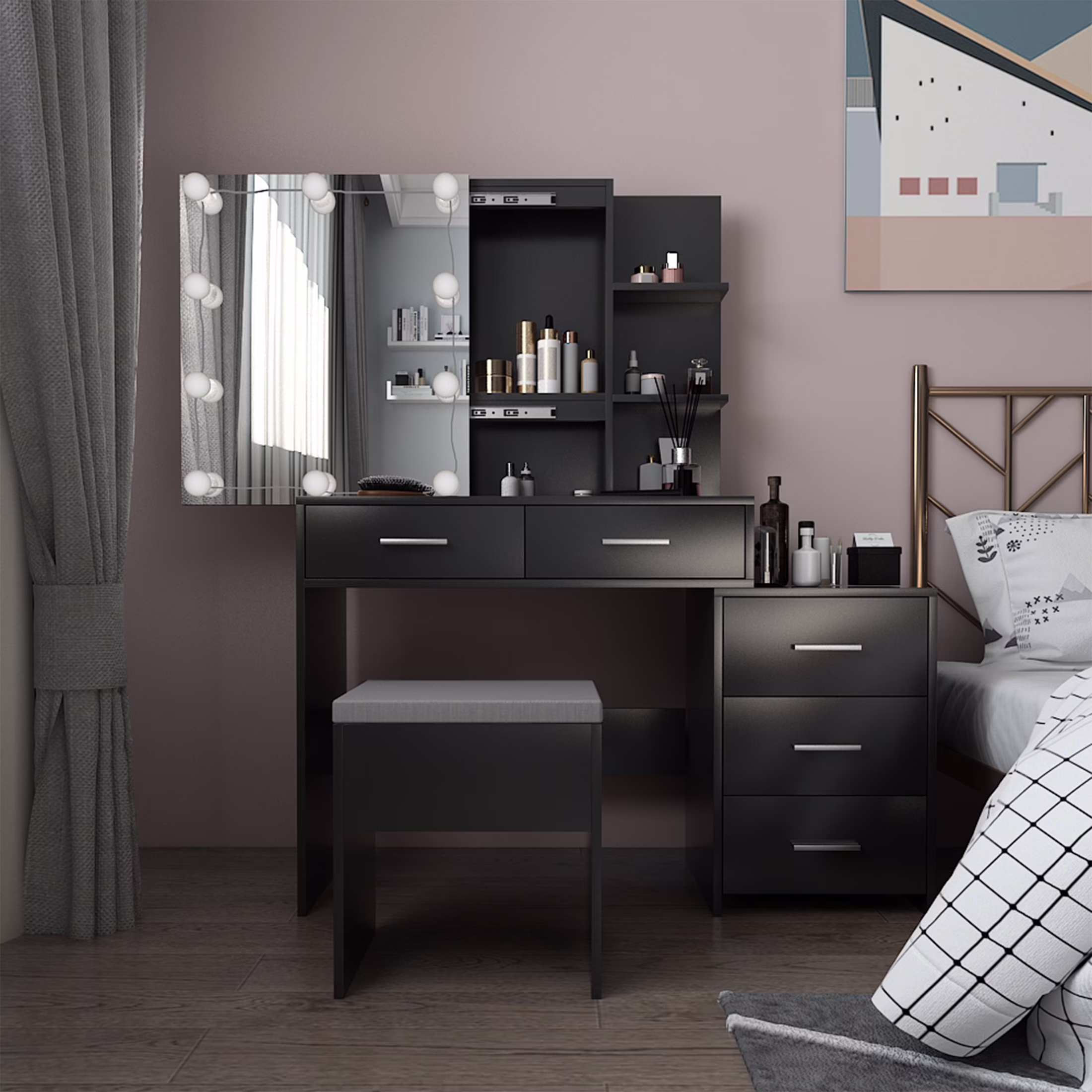 Vanity Set with Stool, Black Vanity Desk with Mirror, 5 Drawers and 2-Layer Shelves, LED Three-Tone Lighting, Particle Board With Triamine Coating, Solid Wood Legs With Copper Sheath Decoration