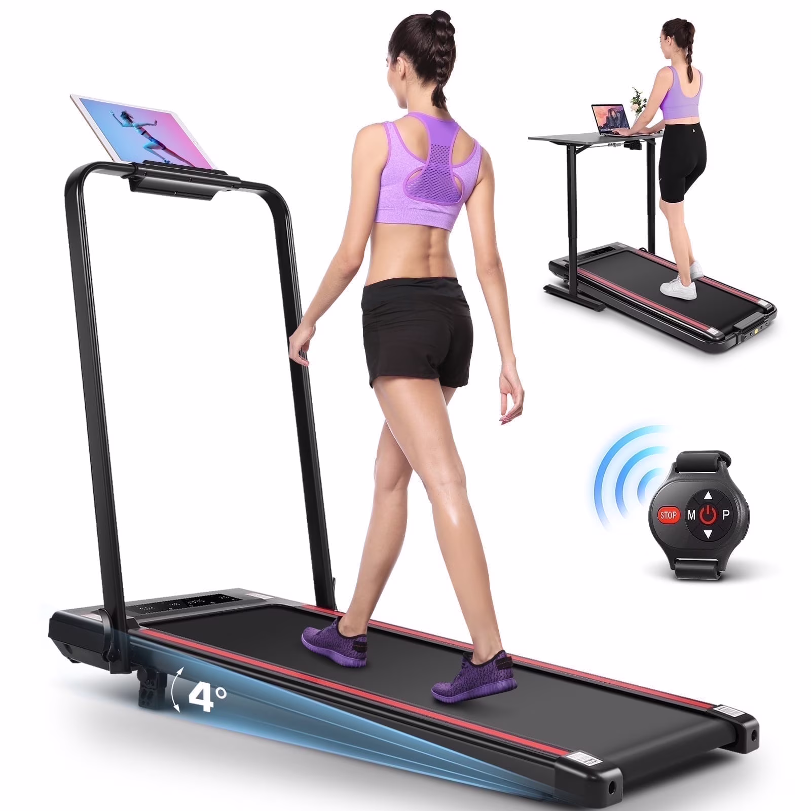 2 in 1 Walking Pad Treadmill with Incline, 2.5HP Under Desk Treadmill with Handle Remote Control & LED Touch Screen for Home Office Workout, 300lbs Weight Capacity Black & Green