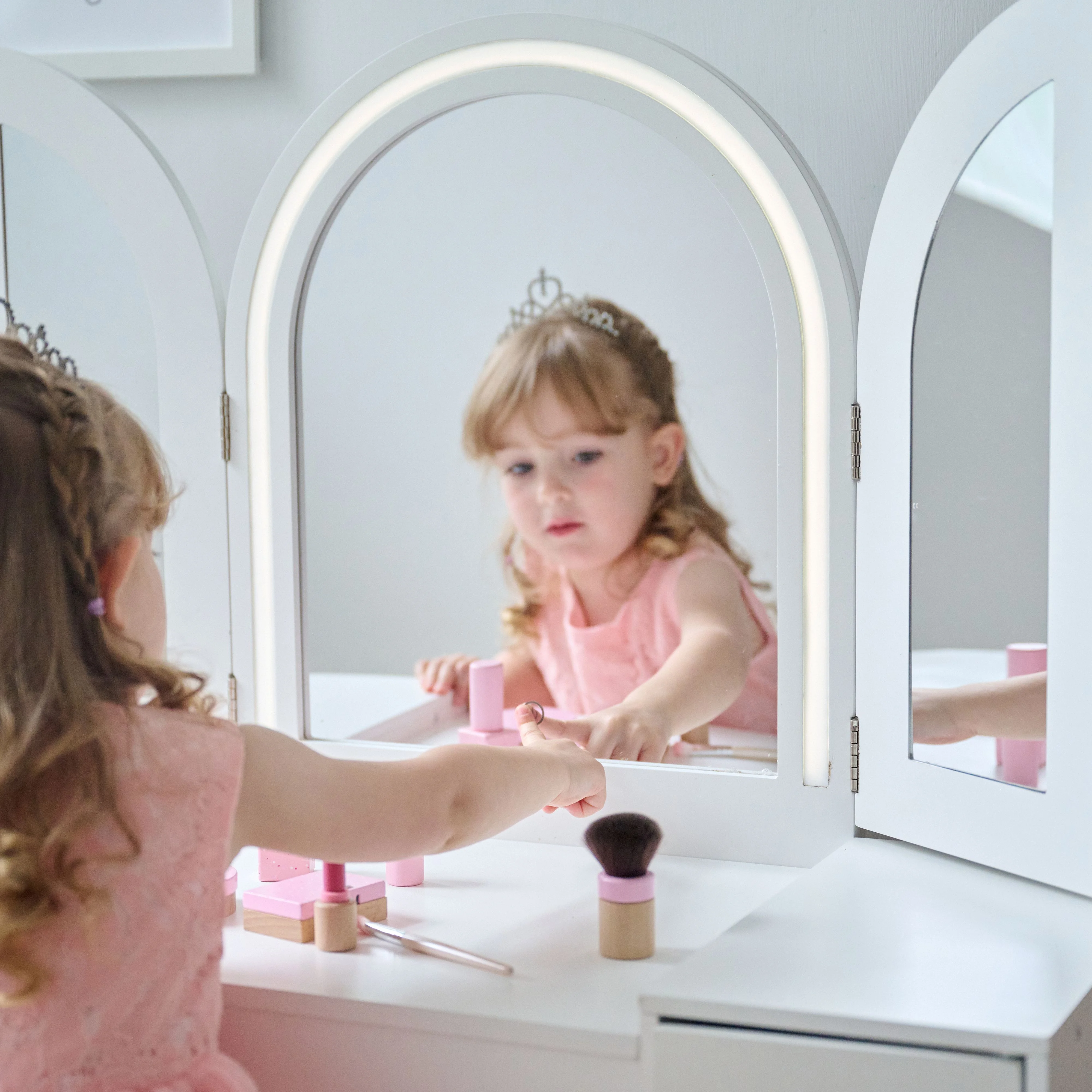 Teamson Kids 2-in-1 Wooden Vanity and Desk with LED Lights, Mirror & Stool �C Dual Purpose Play Makeup Vanity and Desk, Pretend Play for Girls Ages 3+