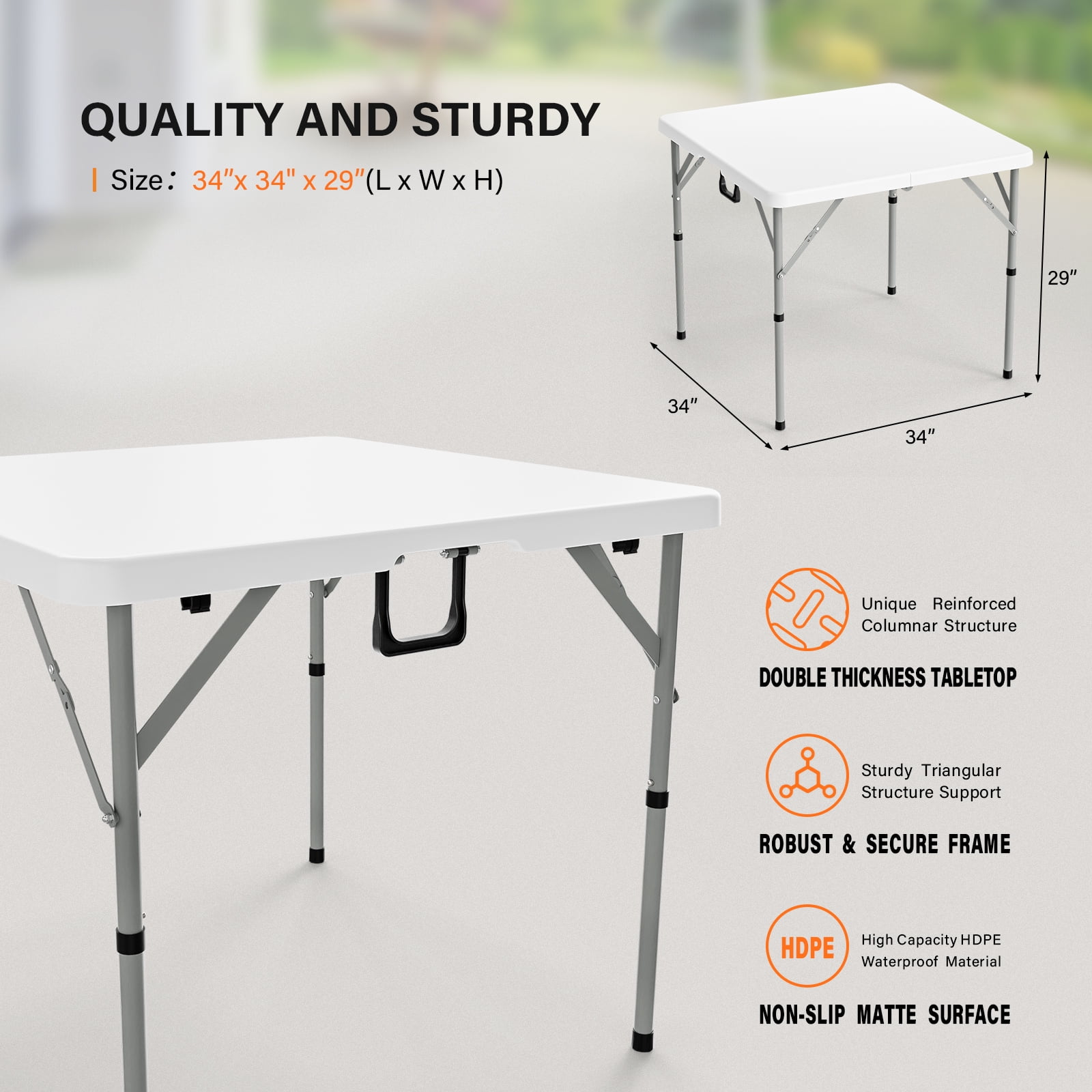 Matladin Outdoor Folding Table and Chairs Set, 34 inch, Folding Table with 4 Plastic Folding Chairs, Sturdy for Outdoor, Home, Kitchen, White, 5 Pieces Set