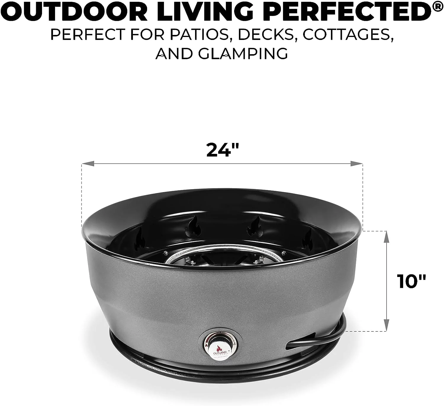 Outland Living Large Outdoor Propane Gas Fire Pit for Outside, 60,000 BTU/h, 24 inch with Lid - Modern Lake Country 800 Fire Bowl Firepit for Patio, Graphite Gray