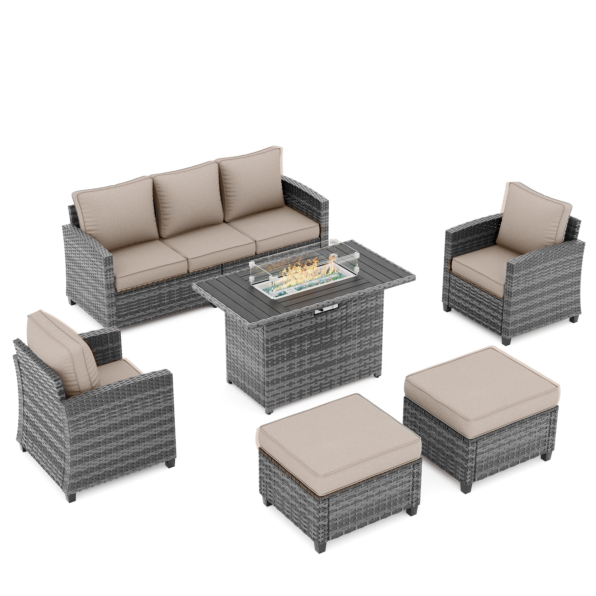 POTEBAN Patio Furniture Set, 7 Pieces Outdoor Sectional Sofa Couch with Chairs, Ottomans and Comfy Cushions, All Weather Wicker Rattan Patio Conversation Set for Garden Backyard Dark Grey