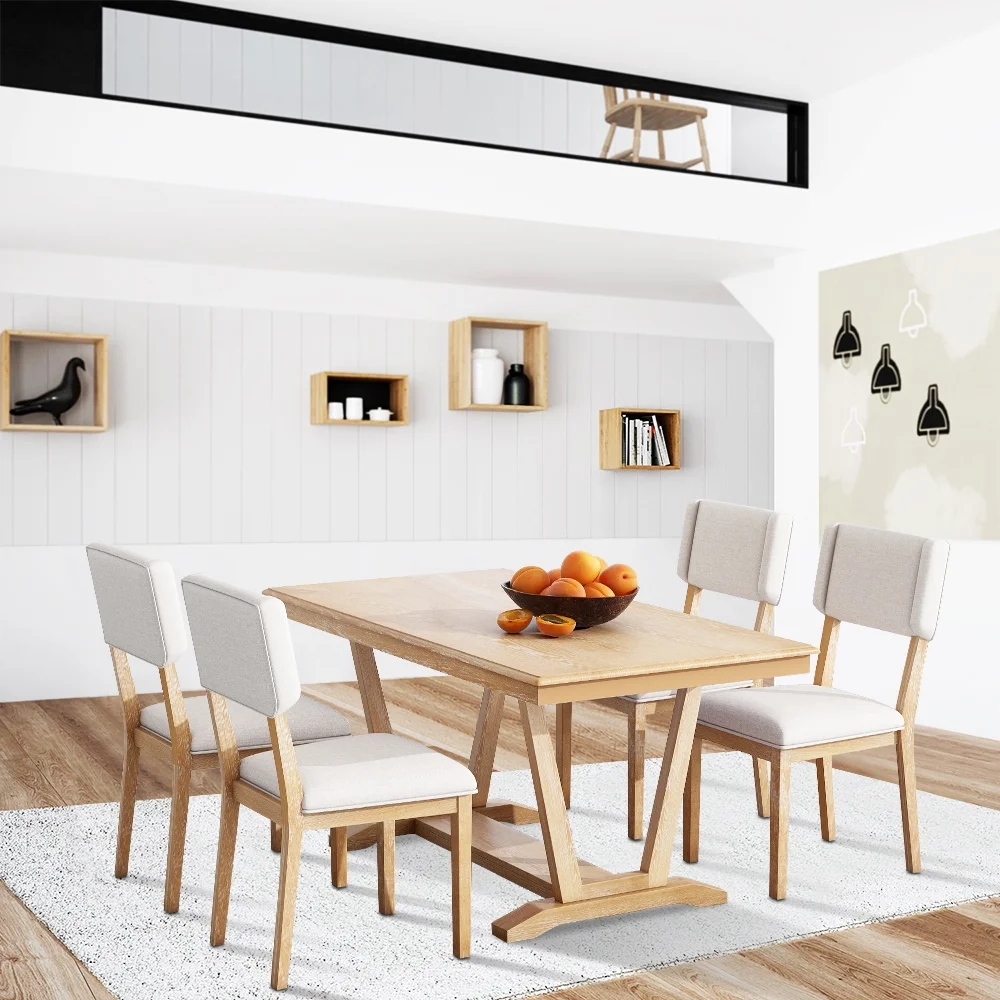 5 Piece Dining Table Set, Atumon Dining Table Set for 4, Wood Dining Room Set with 1 Table and 4 Upholstered Chairs, Farmhouse Dining Table Set for Kitchen Dining Room Apartment, Natural