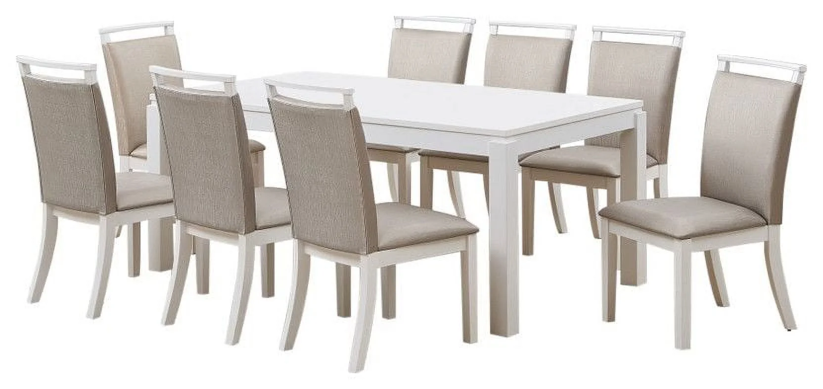 Danby 9 Piece Dining Set, Gray Fabric & White Wood (Table & 8 Chairs)
