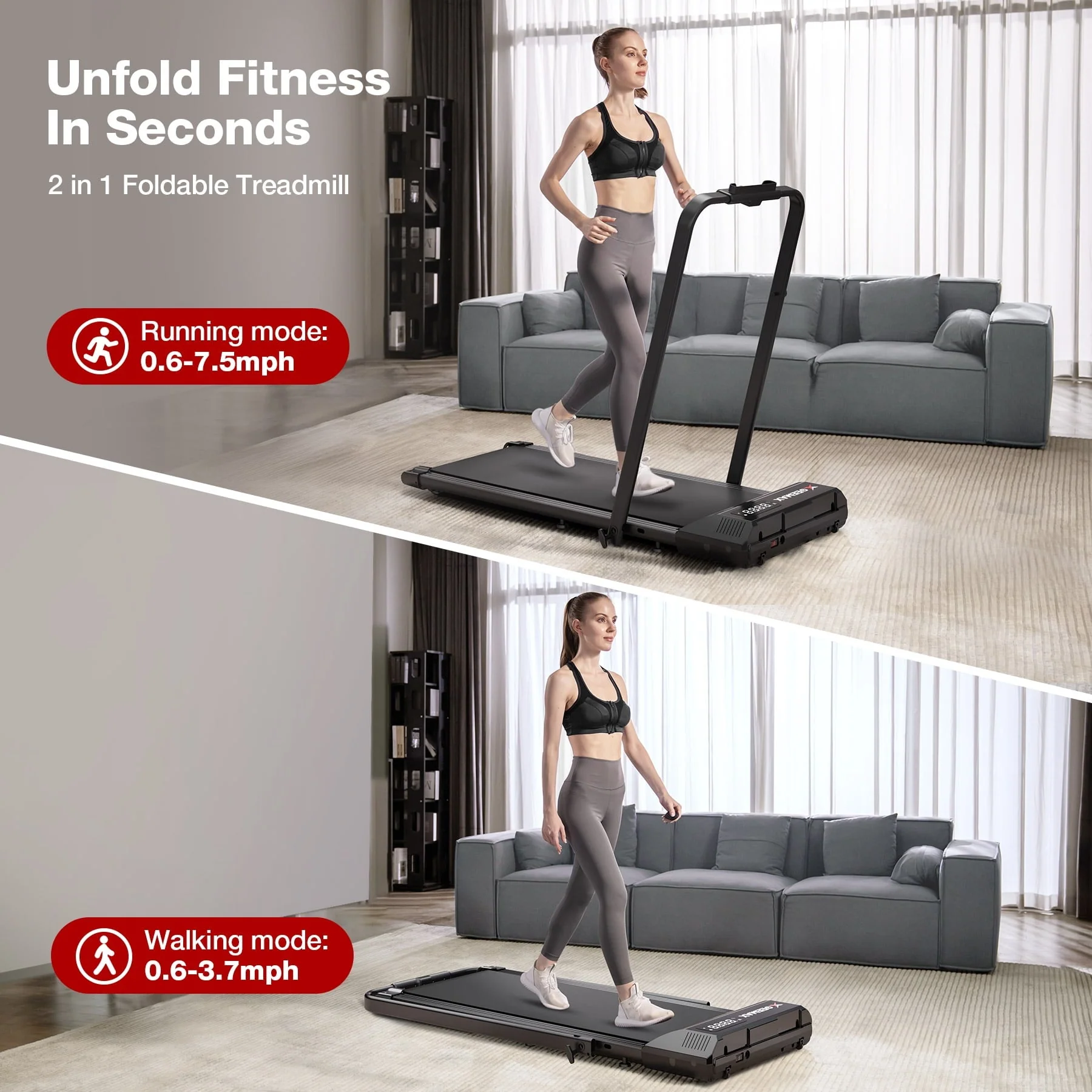 Geemax 2 in 1 Folding Treadmill,3.0HP Under Desk Treadmill for Home,265lbs Capacity 0.6-7.5MHP with APP & LCD Display, Portable Treadmill for Home, Office, Gym