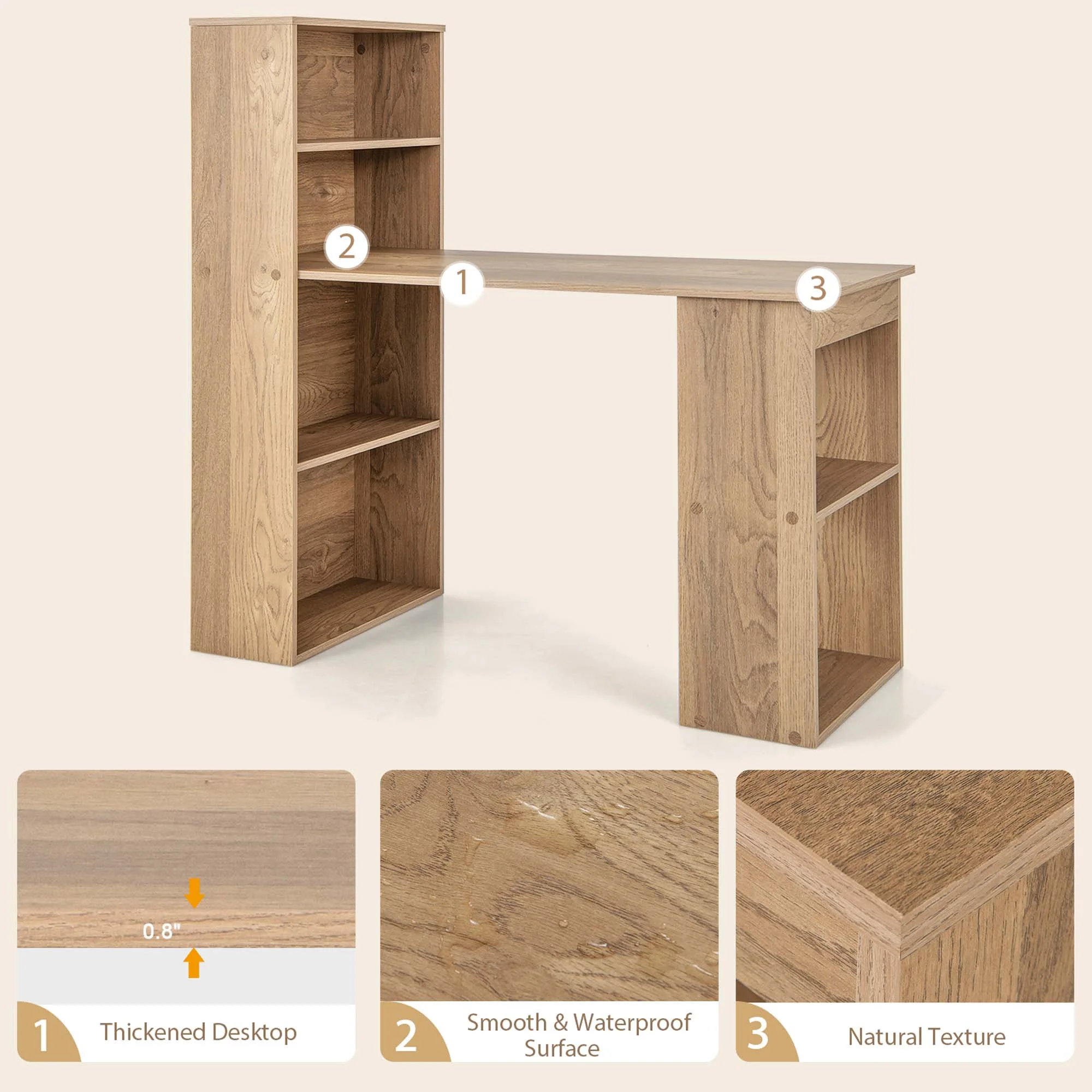Costway Computer Desk Writing  Workstation Office 6-Tier Storage Shelves Natural