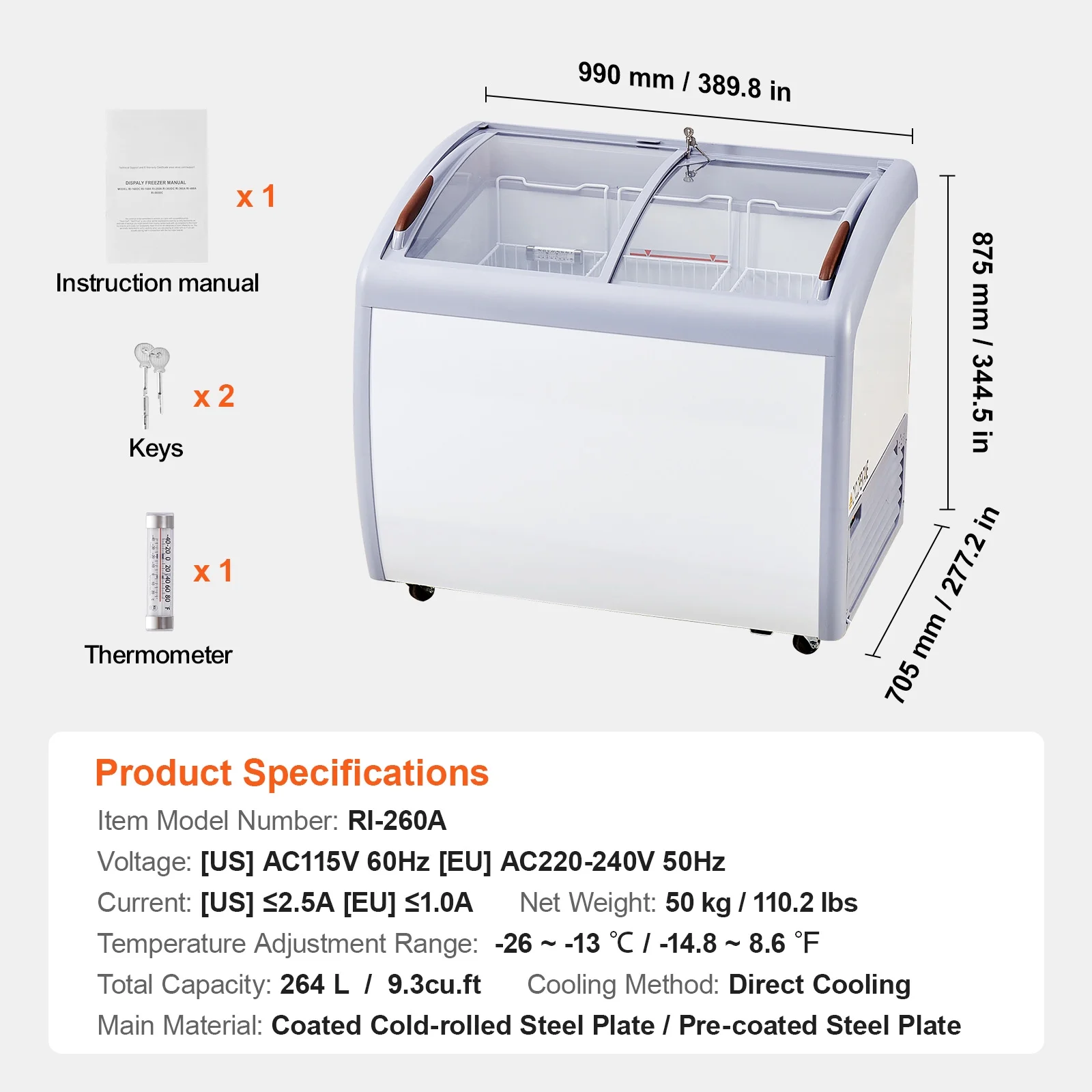 KFFKFF Professional Ice Cream Showcase, 9.3 Cubic Feet Storage Freezer, Portable Transparent Lid Deep Freezer, Eatery Sorbet Serving Cabinet,3 Metal Baskets, Dual Slide Glass Doors, Lockable Wheels