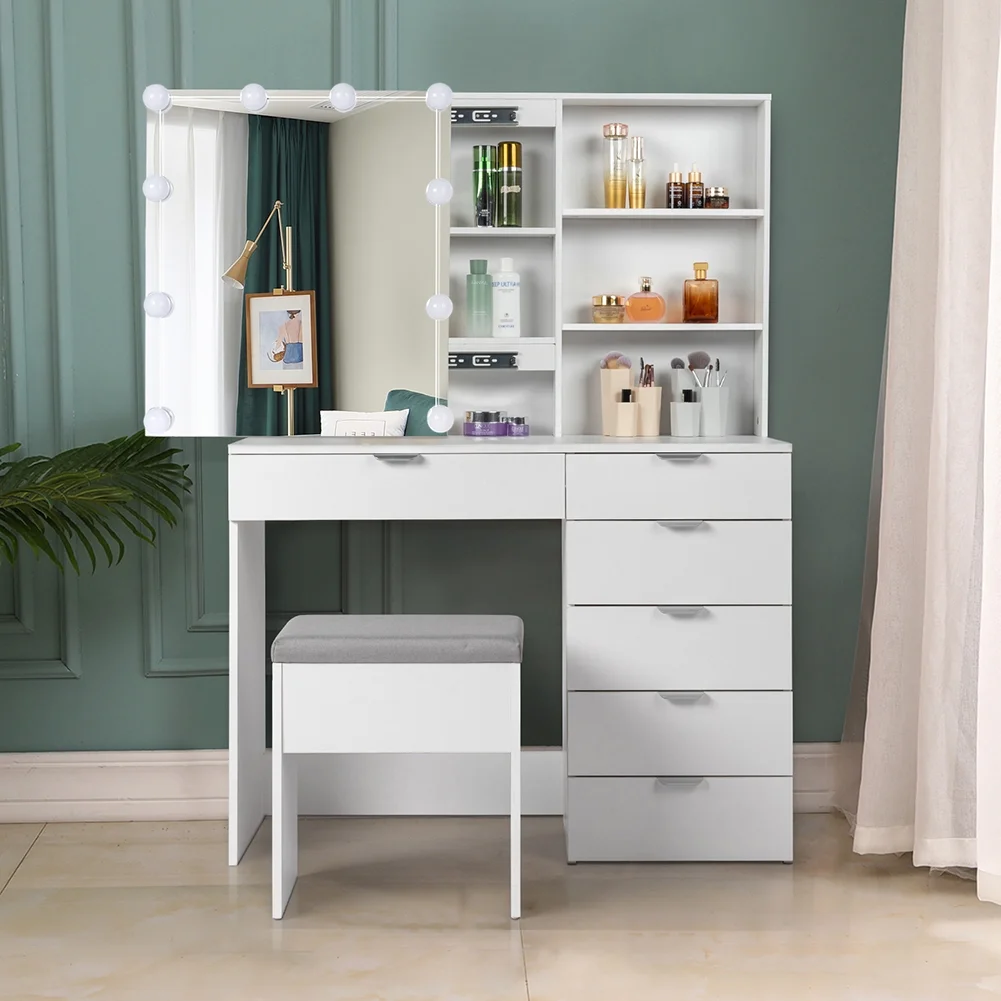 Resenkos Vanity Set with Mirror and 10LED Lights Makeup Vanity Desk Chair with 6 Drawers White
